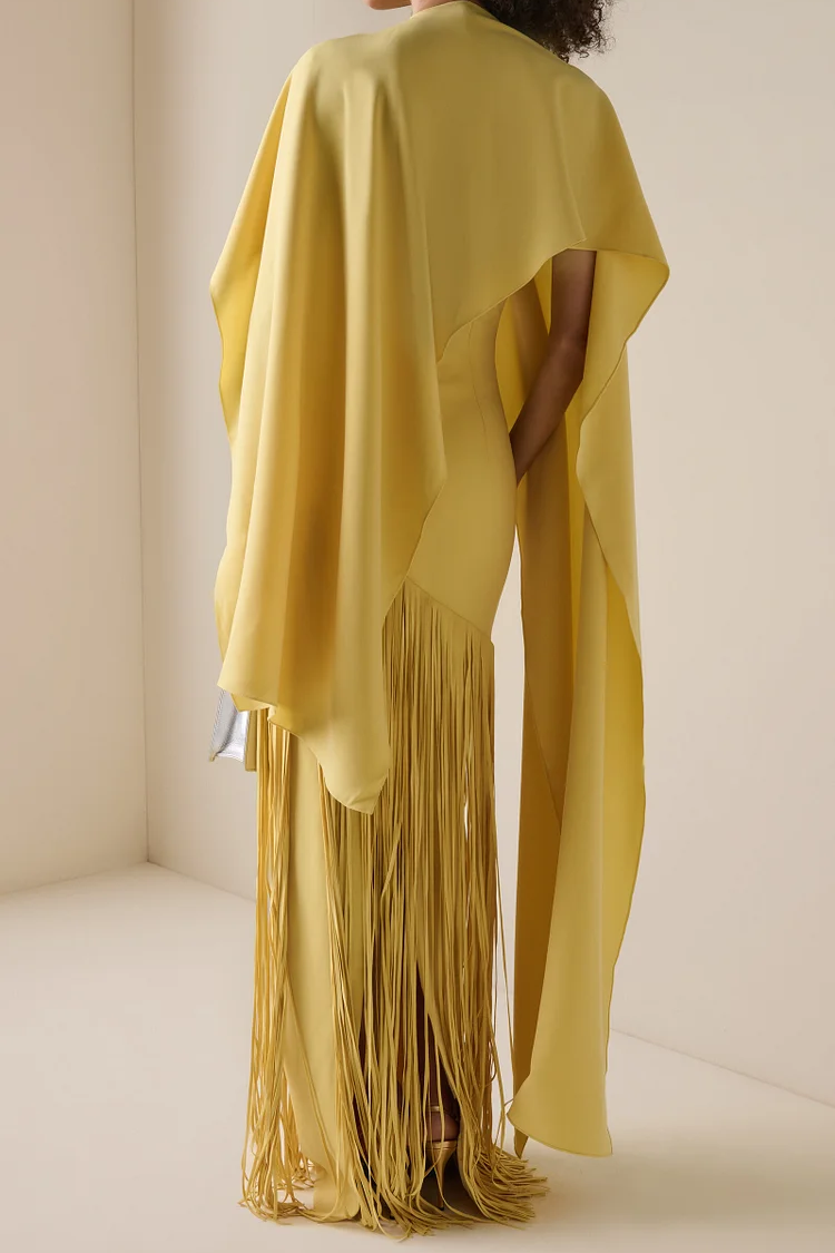 Solid Satin Tassel Maxi Dress With Cape Solid Satin Tassel Maxi Dress With Cape