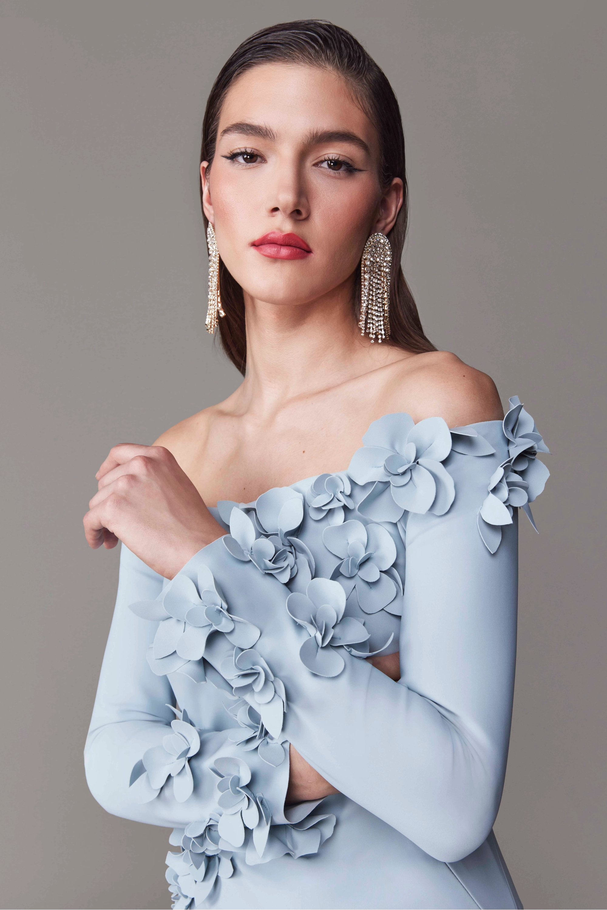 3D Flower Off-Shoulder Solid Maxi Dress 3D Flower Off-Shoulder Solid Maxi Dress