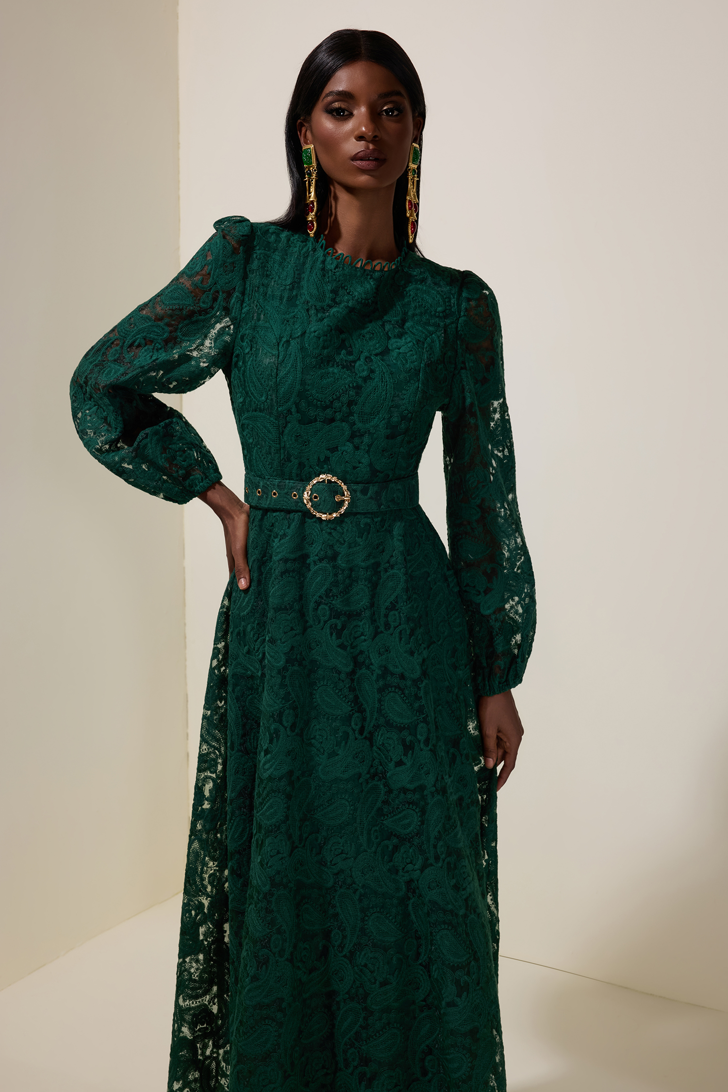 Lace Round Neck Midi Dress With Belt Lace Round Neck Midi Dress With Belt