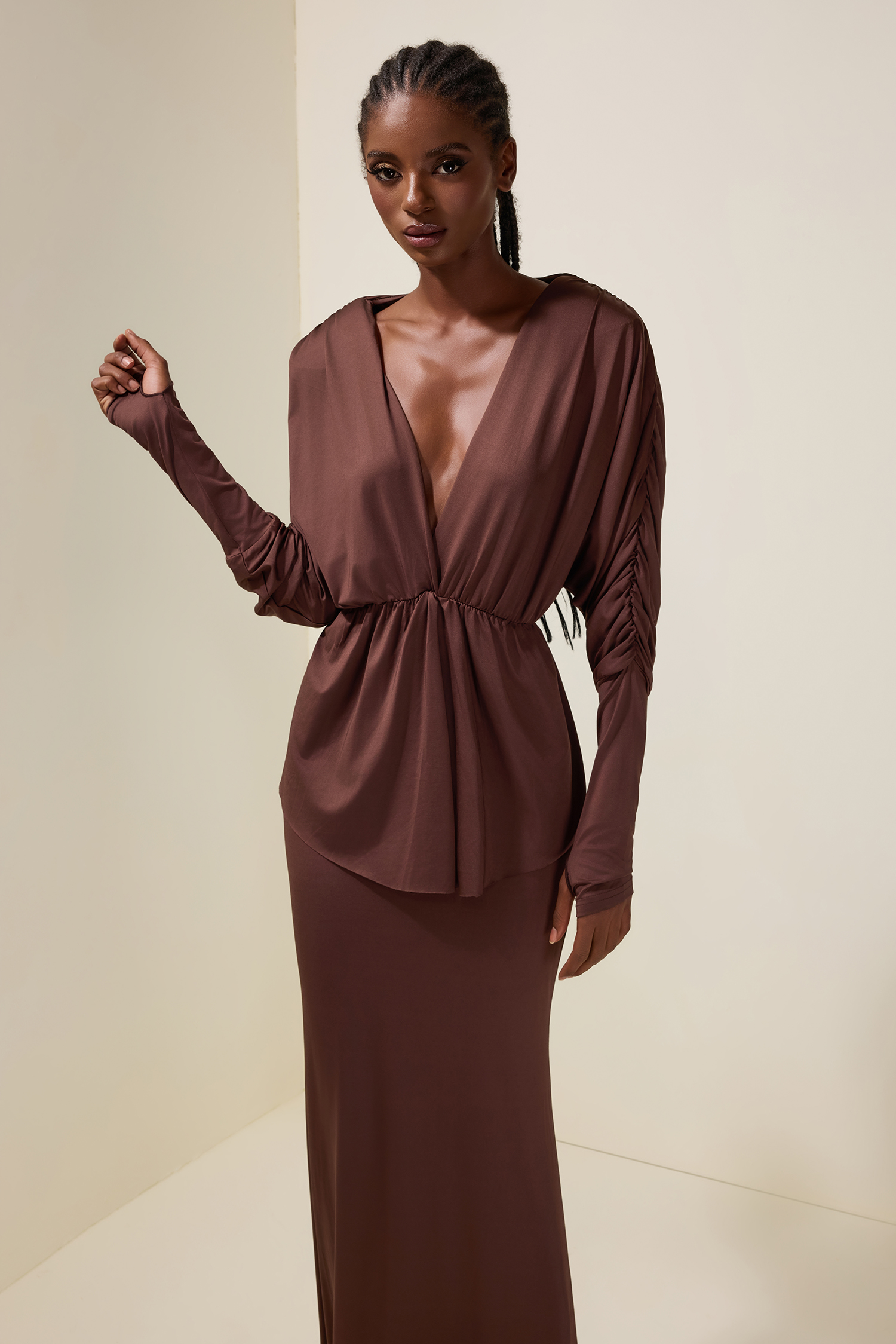 Jersey V-Neck Gathering Top & High Waist Maxi Skirt Set