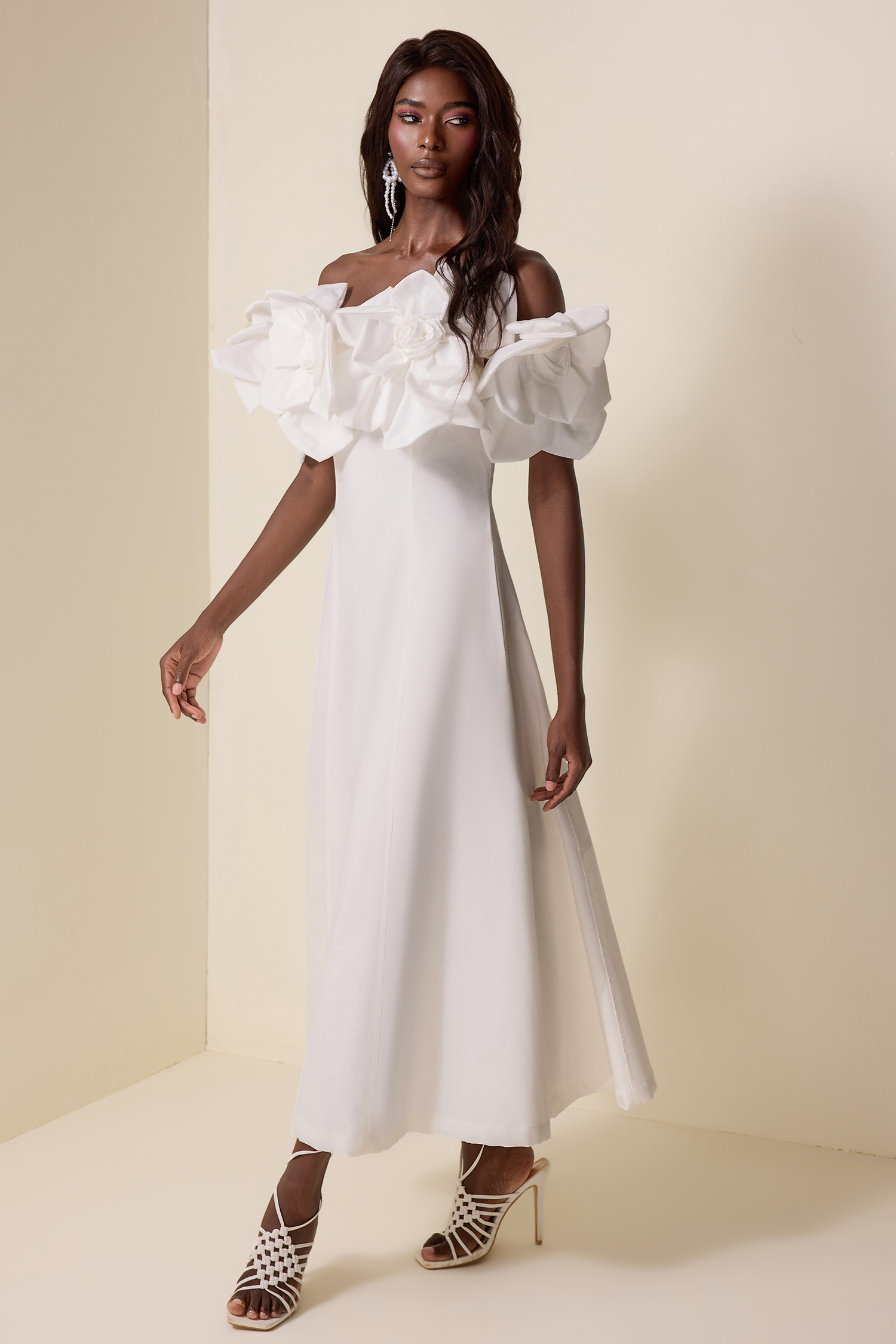 3D Flower Solid Off-Shoulder Midi Dress 3D Flower Solid Off-Shoulder Midi Dress