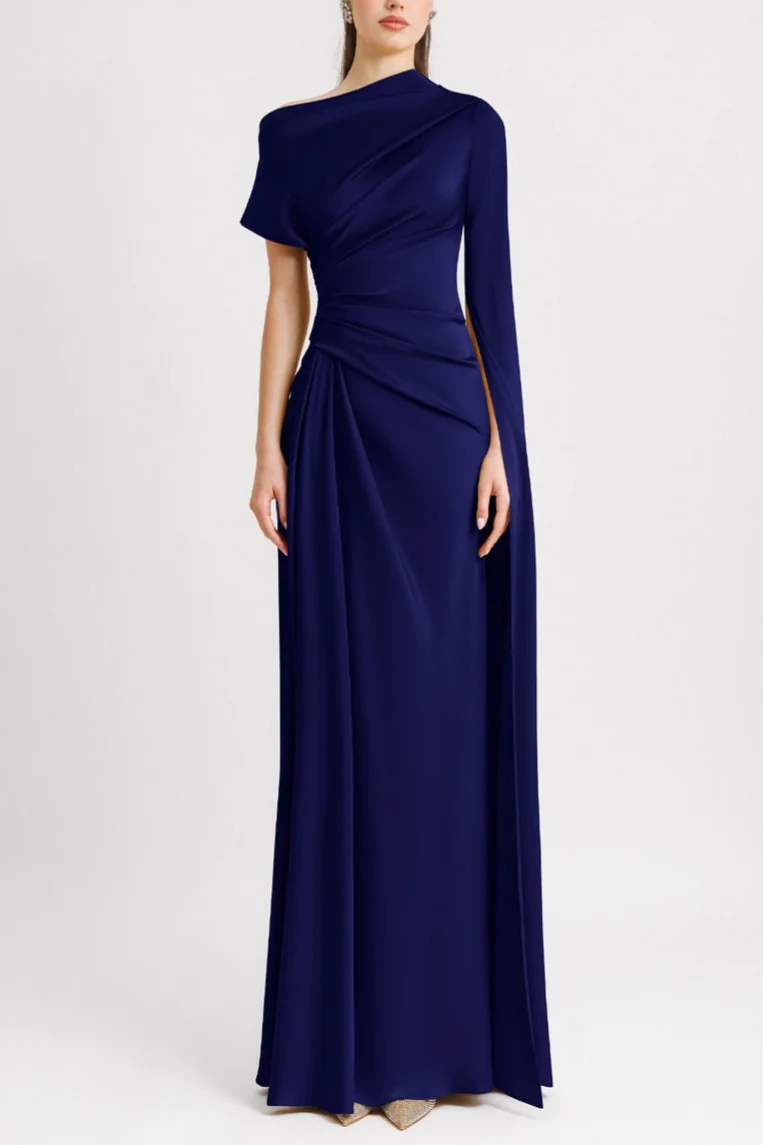 Satin Asymmetrical Neckline Draped Maxi Dress Satin Asymmetrical Neckline Draped Maxi Dress