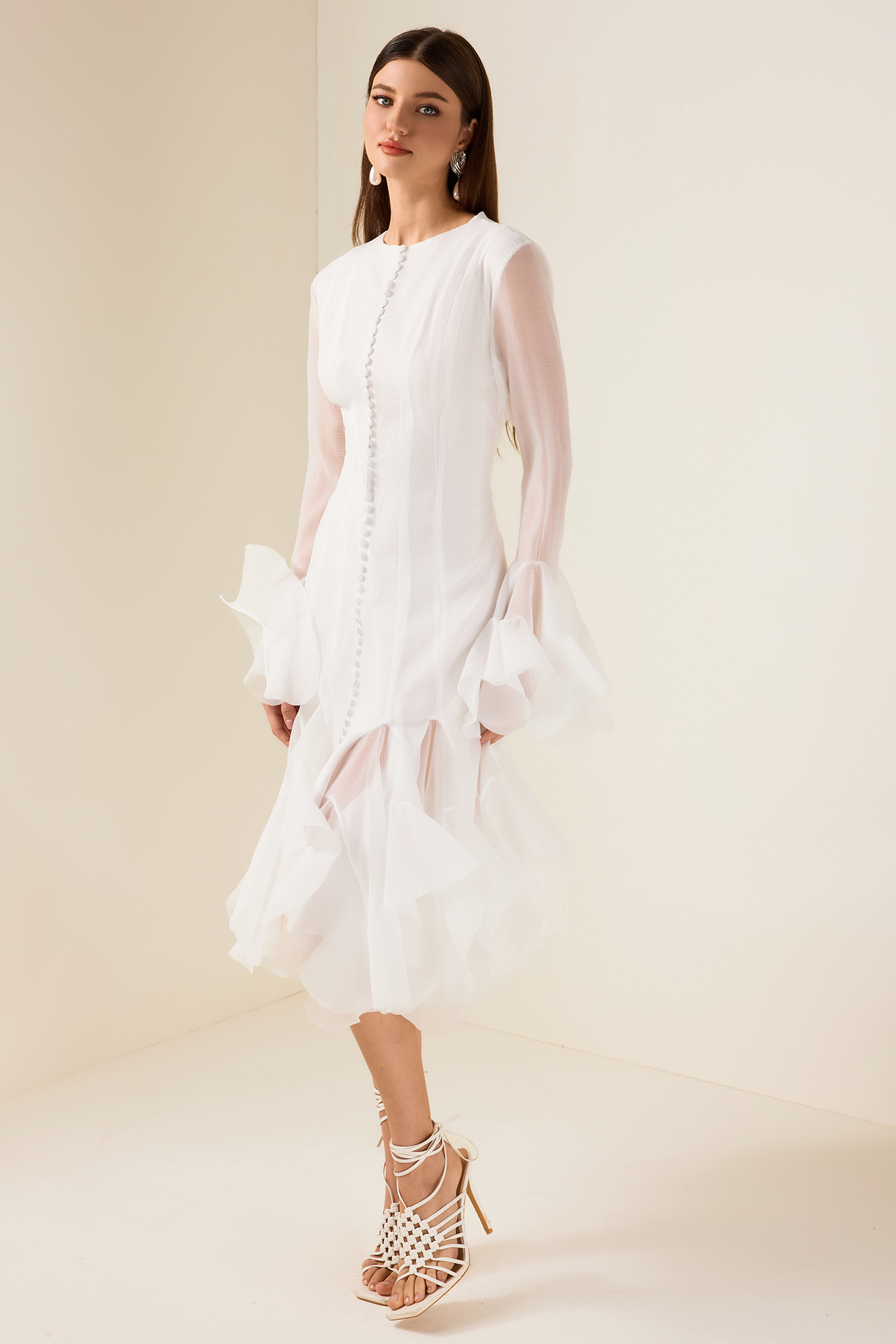 Solid Ruffle Bell Sleeve Midi Dress Solid Ruffle Bell Sleeve Midi Dress