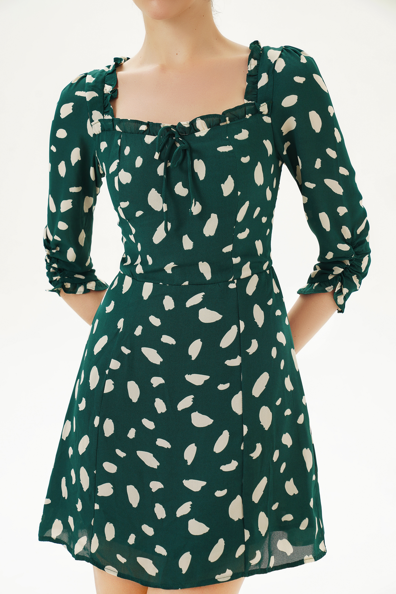 Printed Long Sleeve U-Neck Mini Dress Green Printed Long Sleeve U-Neck Mini Dress Green