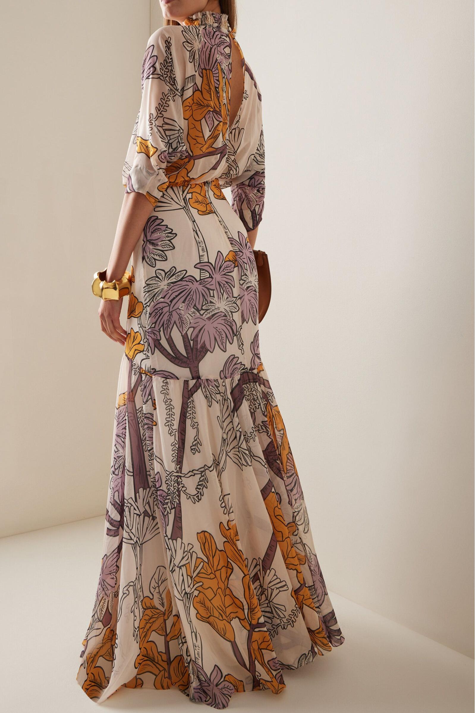 Chiffon Botanical Print Frill Maxi Dress Chiffon Botanical Print Frill Maxi Dress