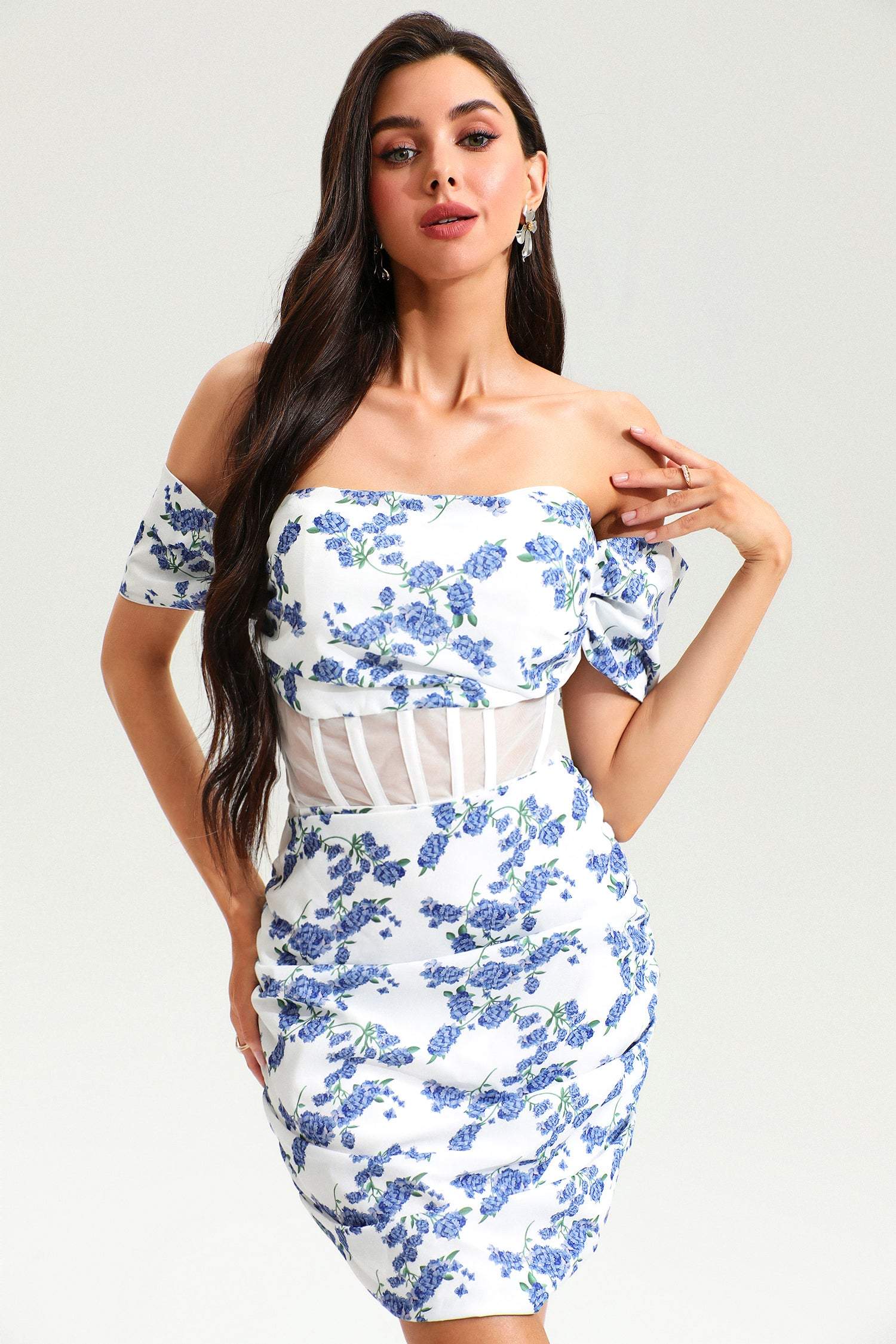 Floral One-Shoulder Backless Mini Dress Blue Floral One-Shoulder Backless Mini Dress Blue