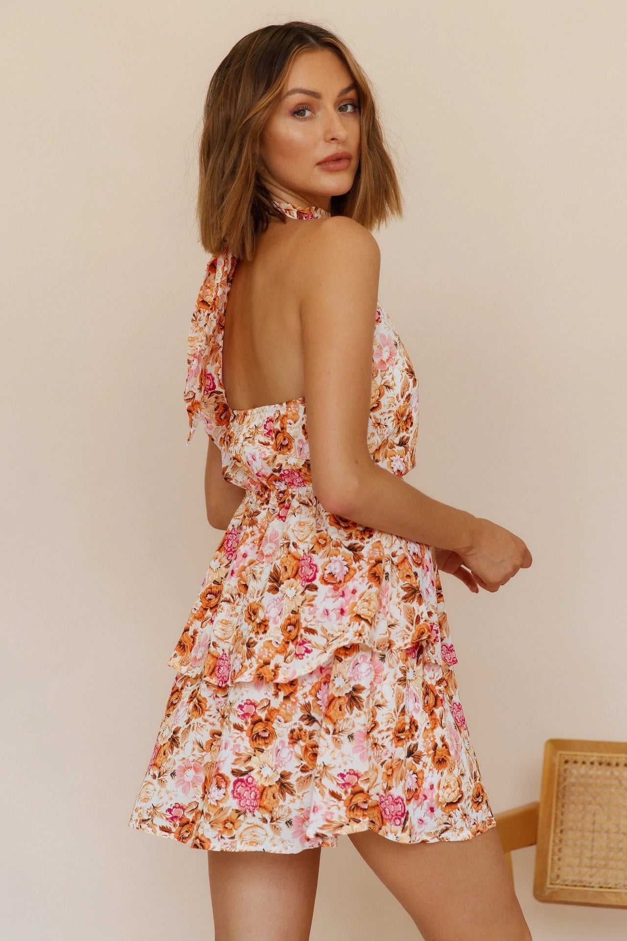 Floral Halter Neck Backless Ruffle Hem Mini Dress Floral Halter Neck Backless Ruffle Hem Mini Dress