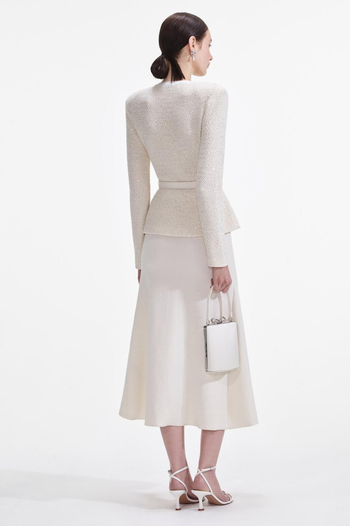 Faux Pearl Bow Top & Mid Waist Midi Skirt Set