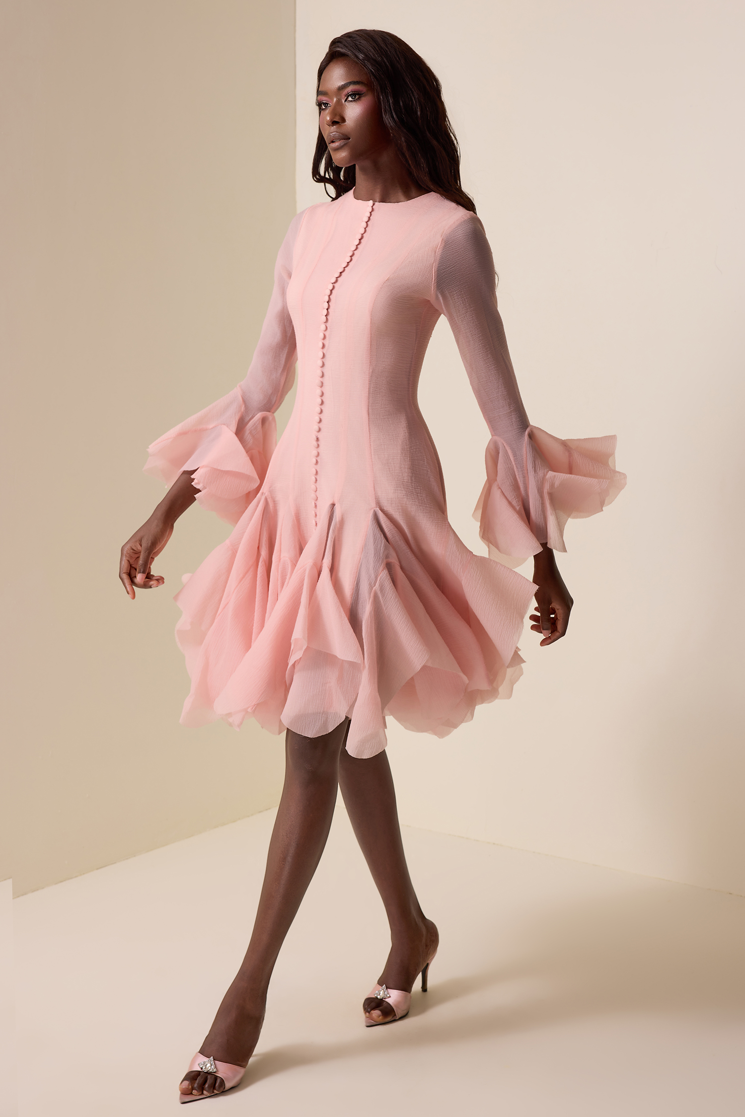 Solid Ruffle Bell Sleeve Midi Dress Solid Ruffle Bell Sleeve Midi Dress