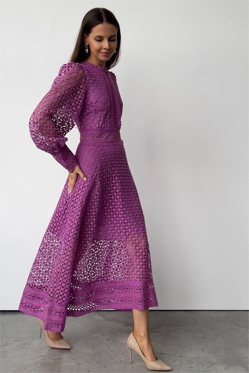 Solid Lace Lantern Sleeve Midi Dress Solid Lace Lantern Sleeve Midi Dress