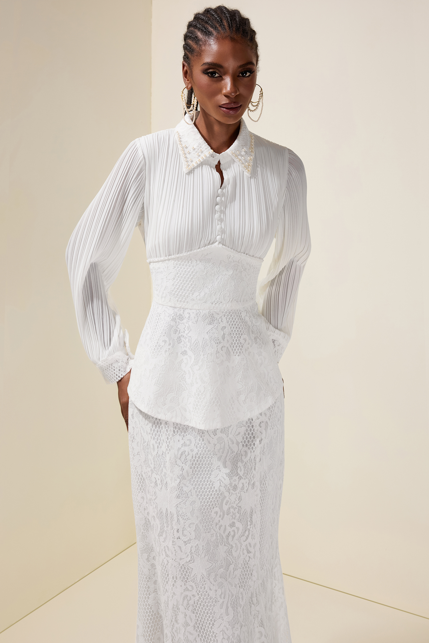 Faux Pearl Pleated Top & Lace High Waist Maxi Skirt Set