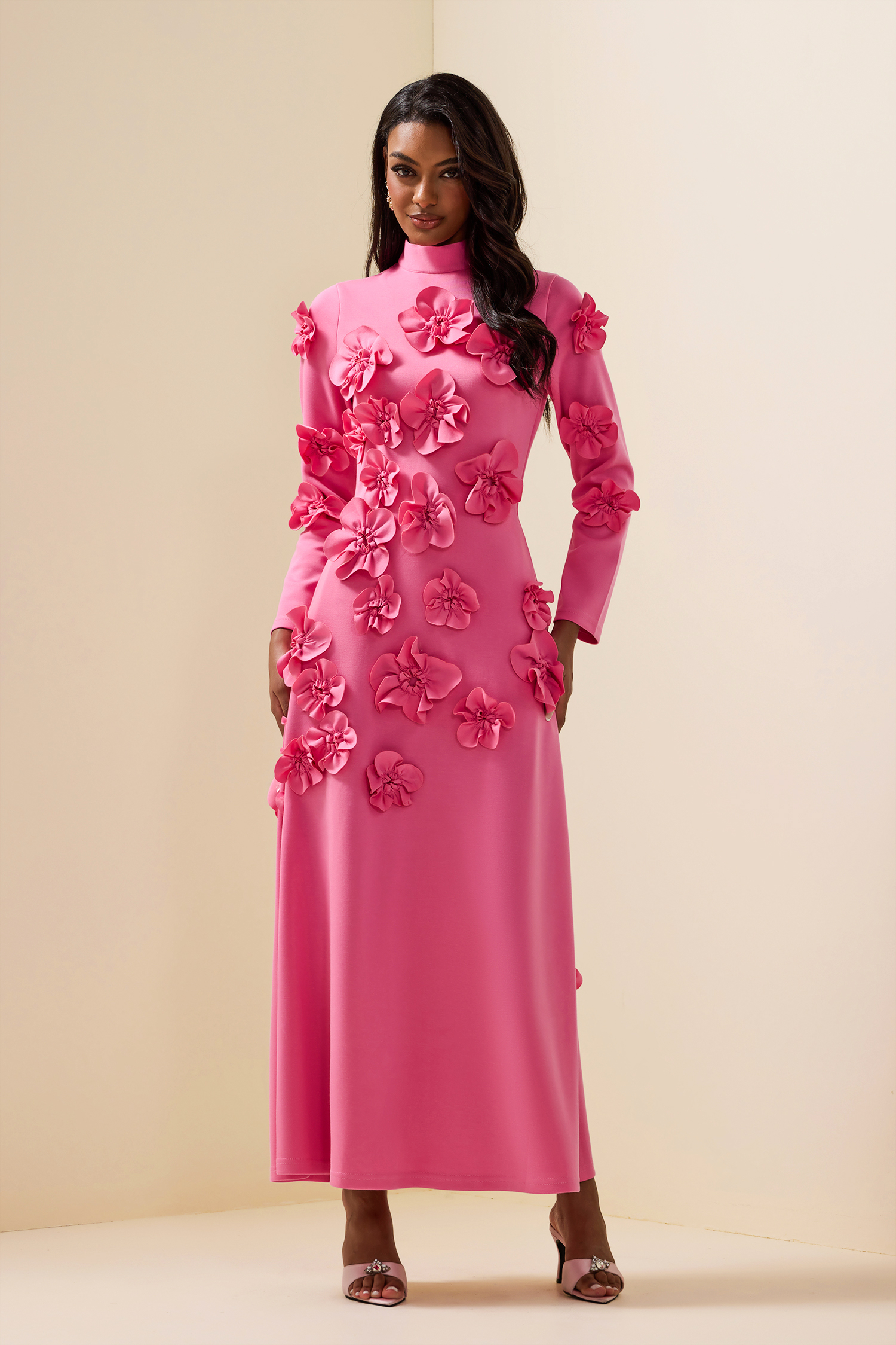 3D Flower Stand Collar Long Sleeve Midi Dress 3D Flower Stand Collar Long Sleeve Midi Dress