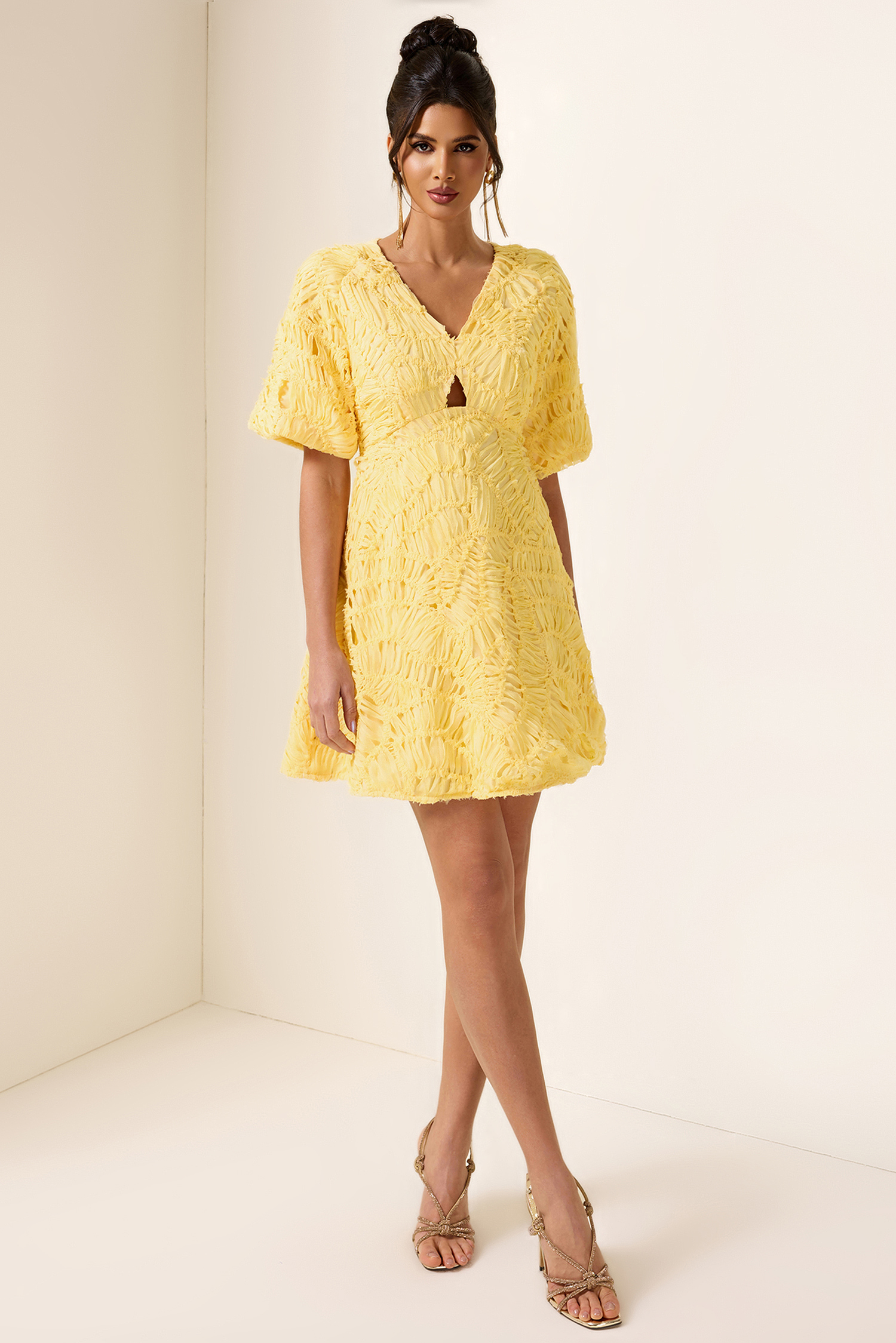 Cut-Out V-Neck Puff Sleeve Mini Dress Cut-Out V-Neck Puff Sleeve Mini Dress
