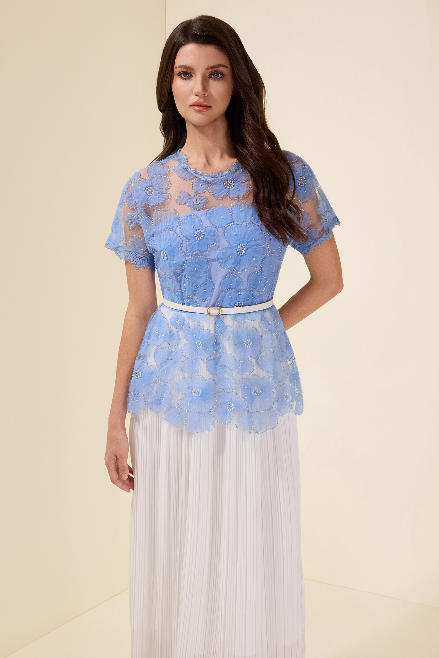 Lace Splicing Pleated Midi Dress With Belt Lace Splicing Pleated Midi Dress With Belt