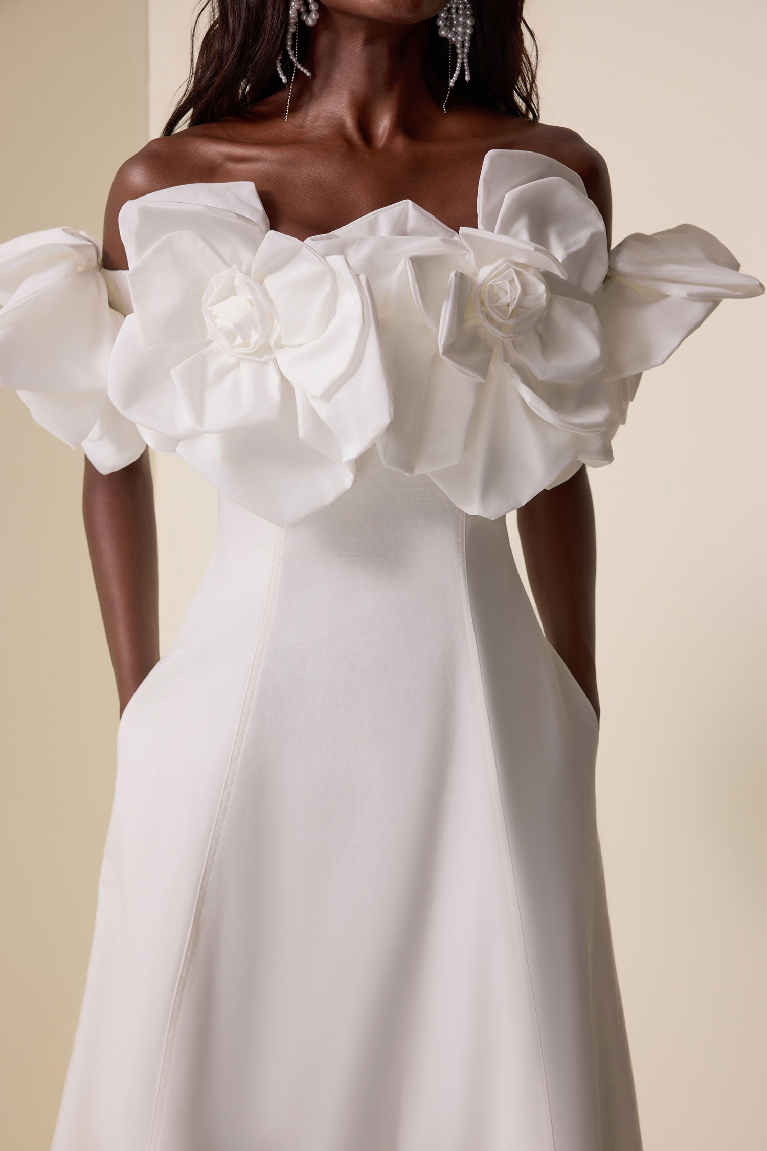 3D Flower Solid Off-Shoulder Midi Dress 3D Flower Solid Off-Shoulder Midi Dress