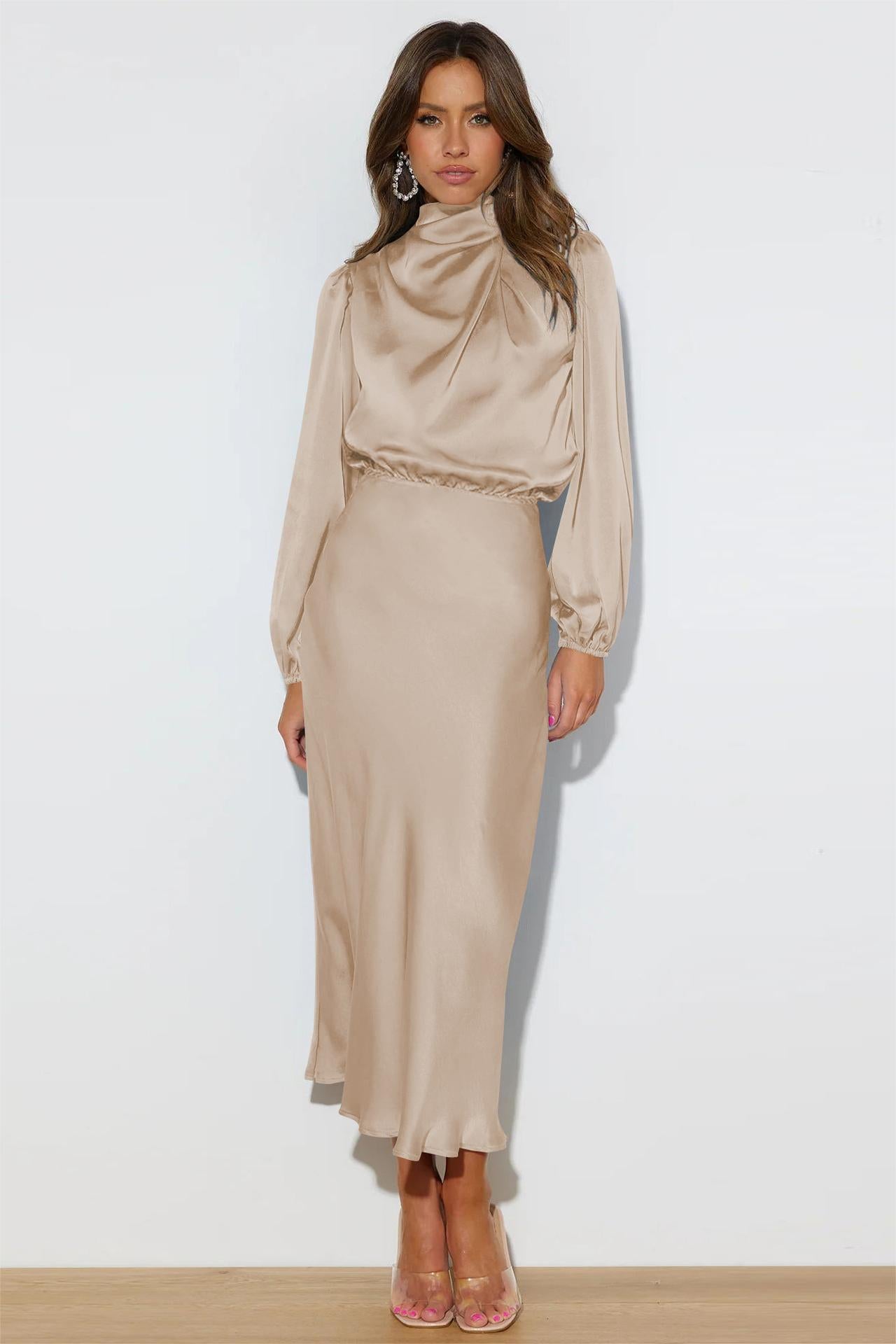 Satin High Neck Long Sleeve Midi Dress Satin High Neck Long Sleeve Midi Dress