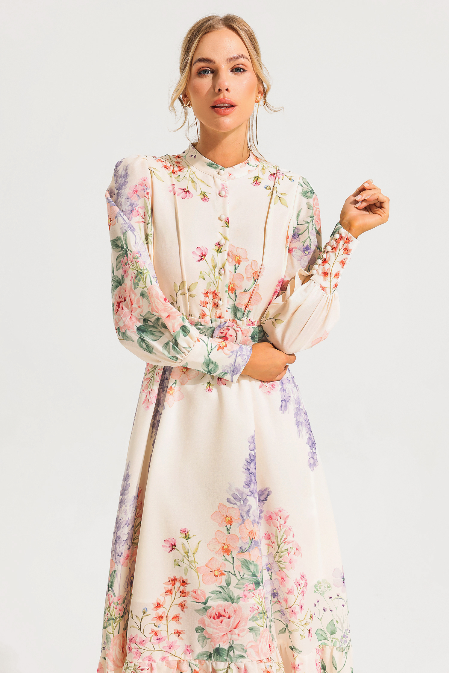 Floral Long Sleeve Maxi Dress With Belt Floral Long Sleeve Maxi Dress With Belt