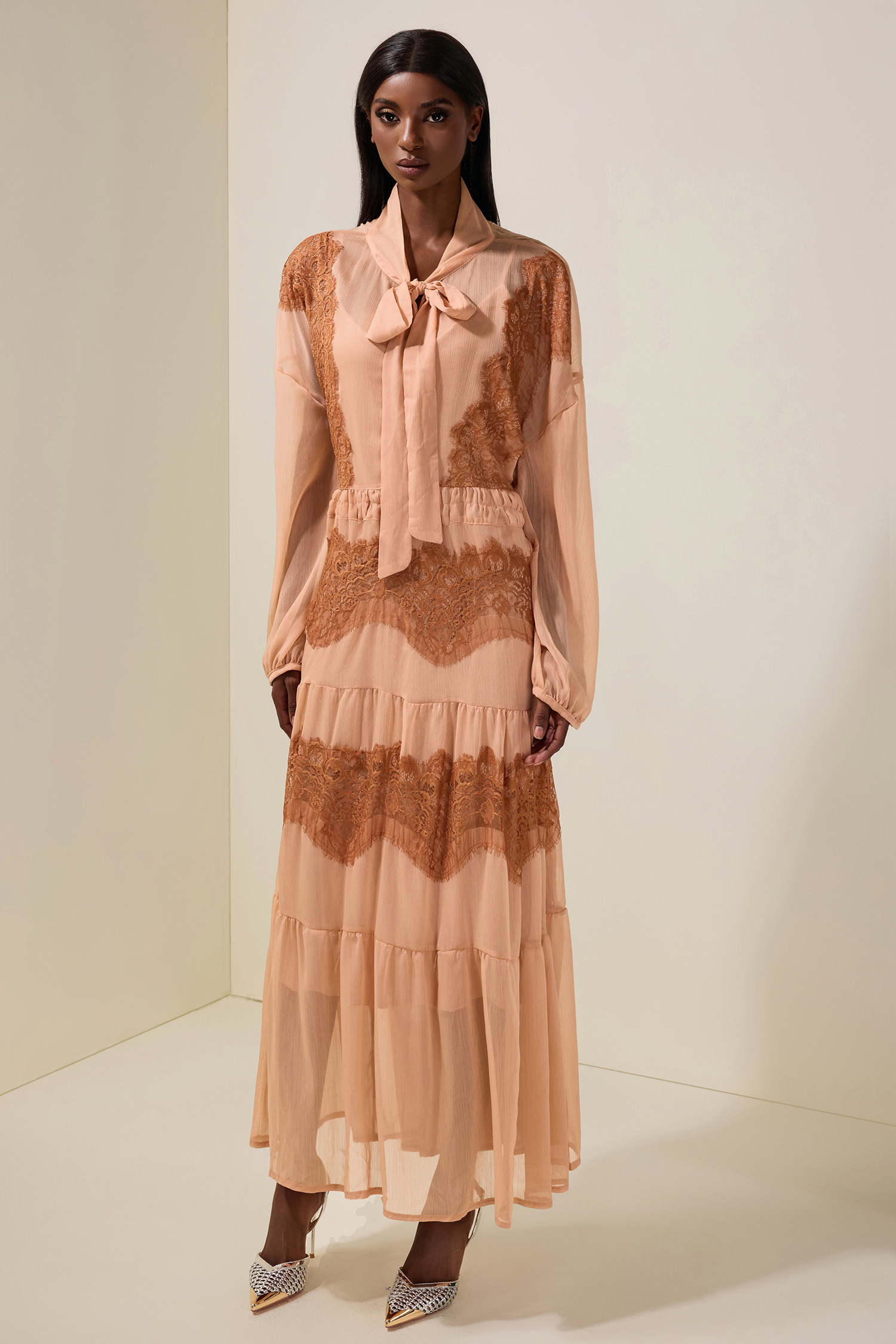 Chiffon Splicing Lace Tie-Up Long Sleeve Midi Dress Chiffon Splicing Lace Tie-Up Long Sleeve Midi Dress