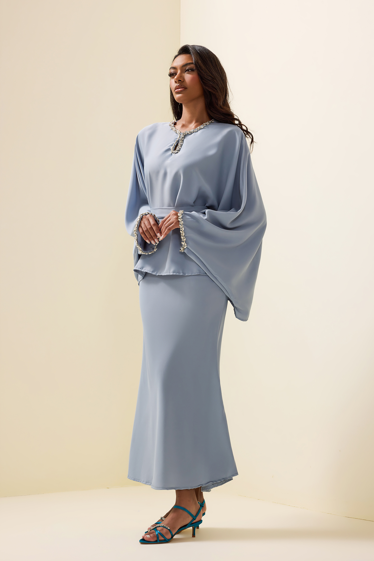 Rhinestone Solid Top & High Waist Solid Midi Skirt Set Rhinestone Solid Top & High Waist Solid Midi Skirt Set
