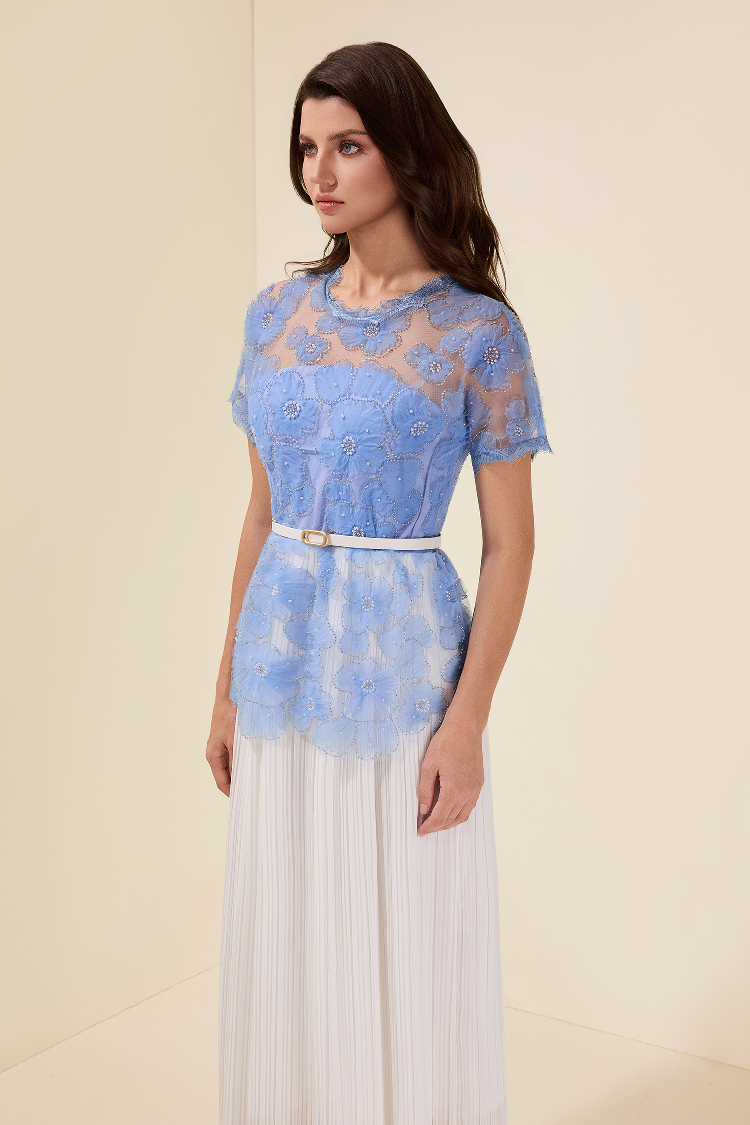 Lace Splicing Pleated Midi Dress With Belt Lace Splicing Pleated Midi Dress With Belt