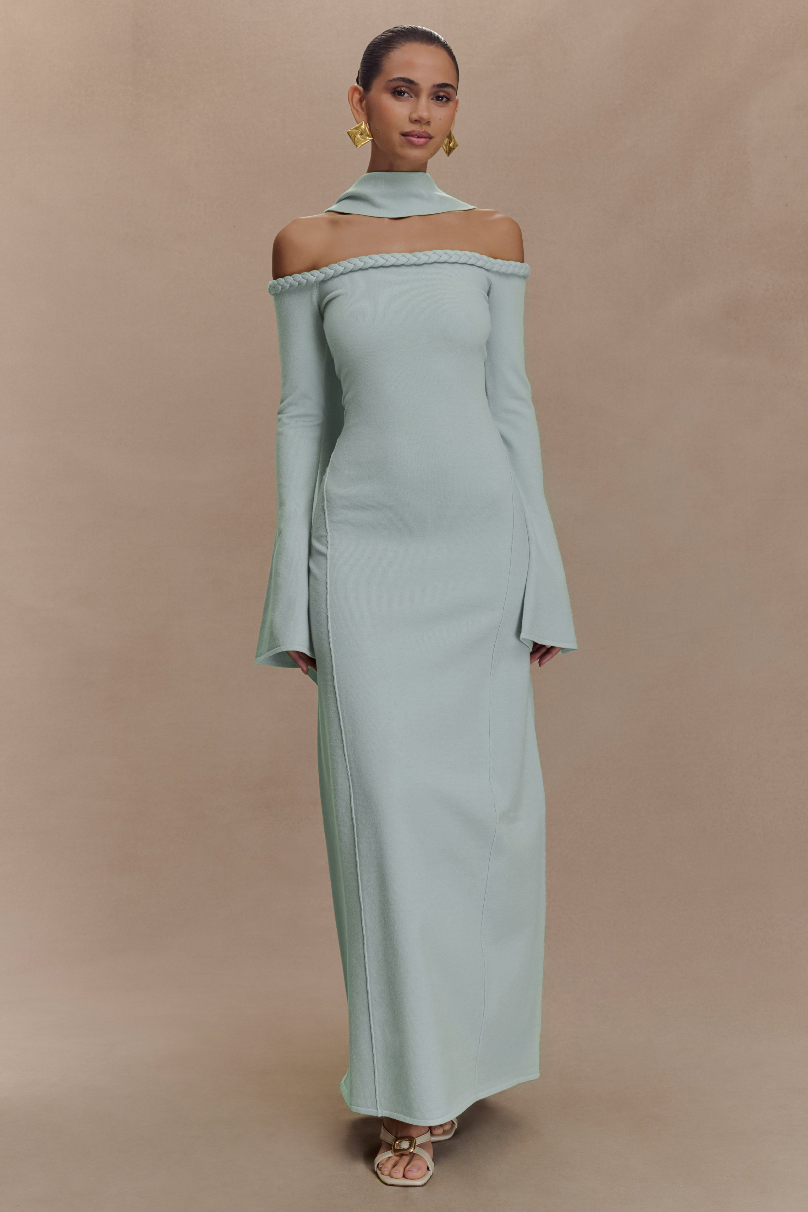 Knotted Off Shoulder Maxi Dress With Scarf Knotted Off Shoulder Maxi Dress With Scarf