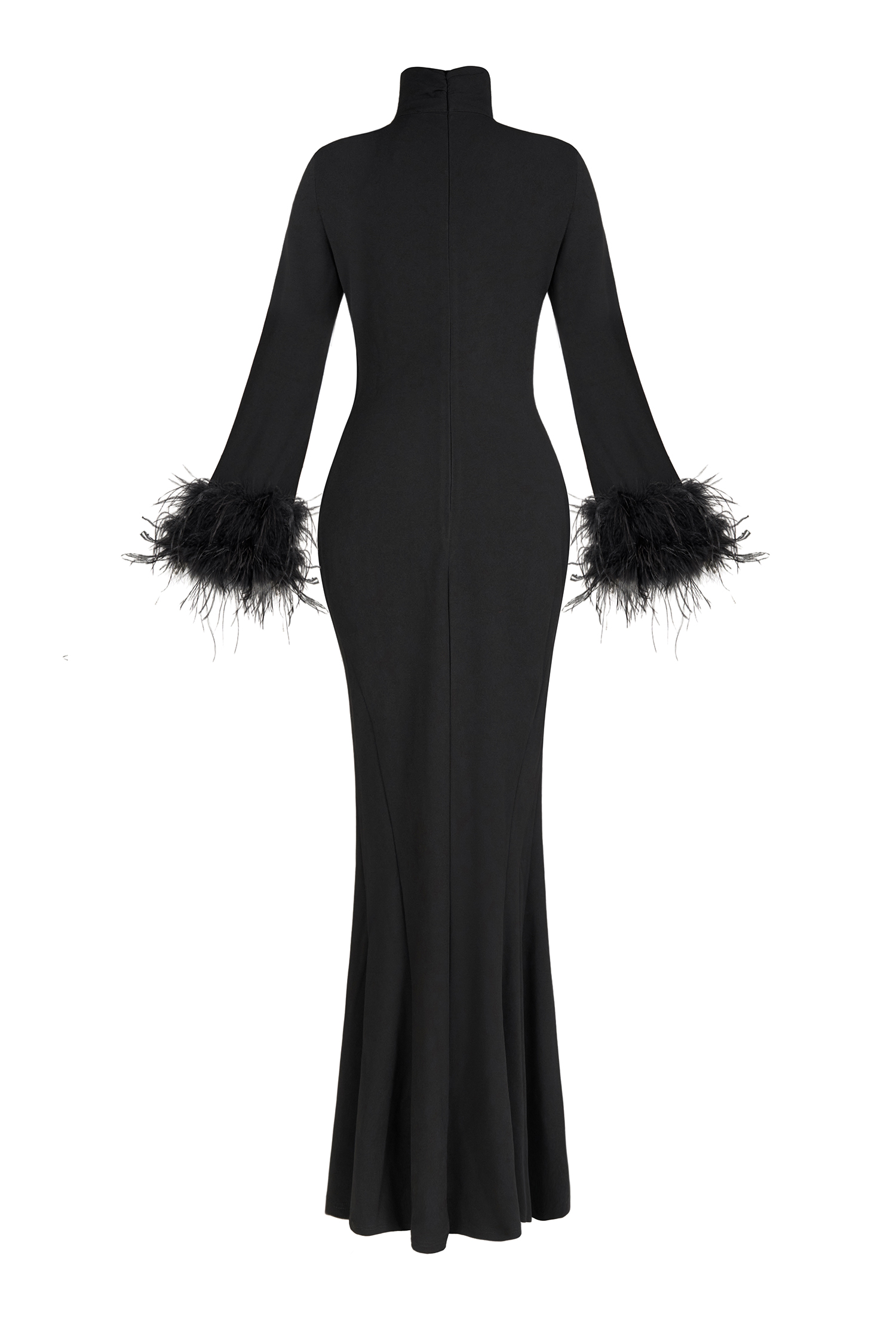 Feather Solid High Neck Midi Dress Black Feather Solid High Neck Midi Dress Black
