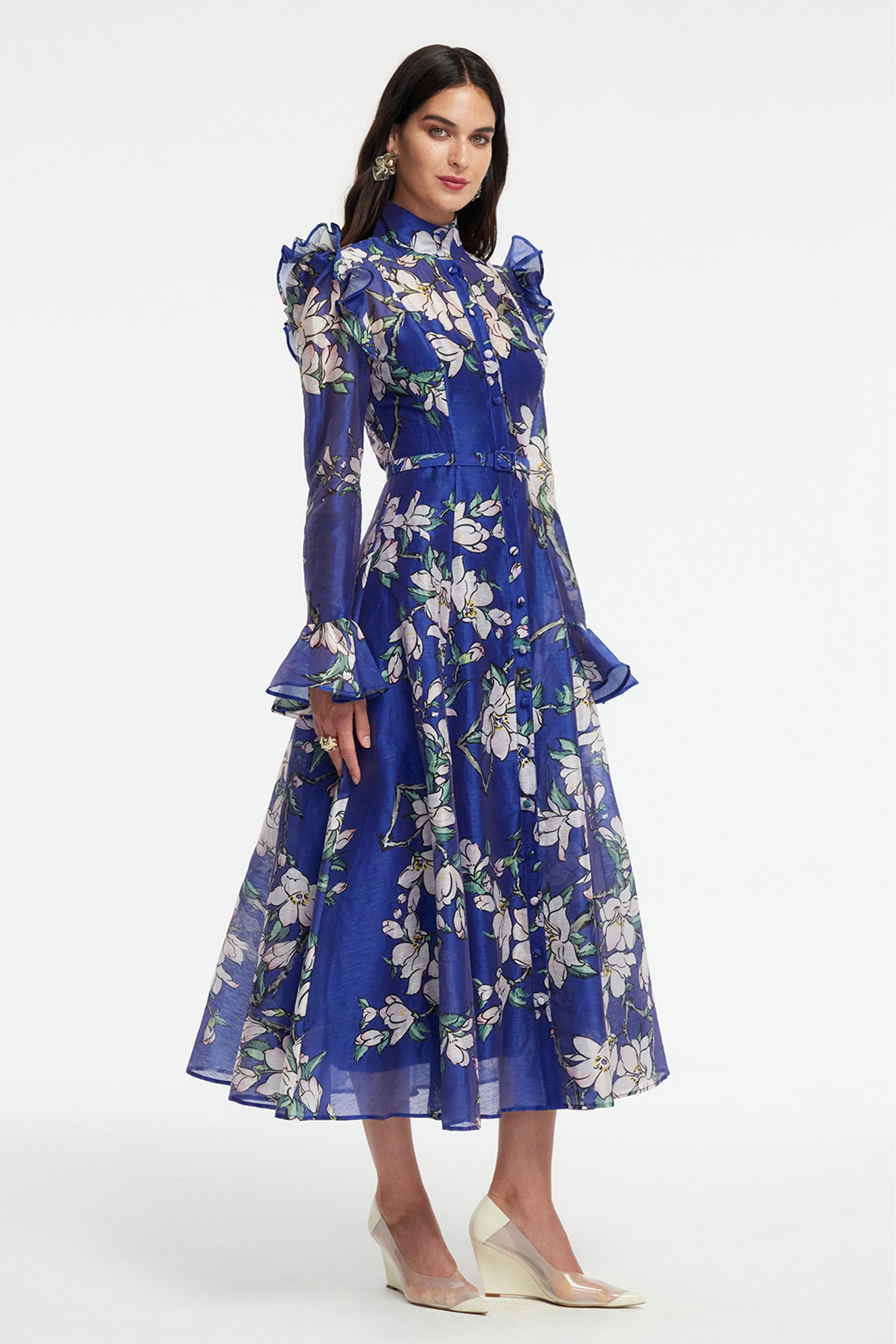 Floral Ruffle Midi Dress With Belt Floral Ruffle Midi Dress With Belt