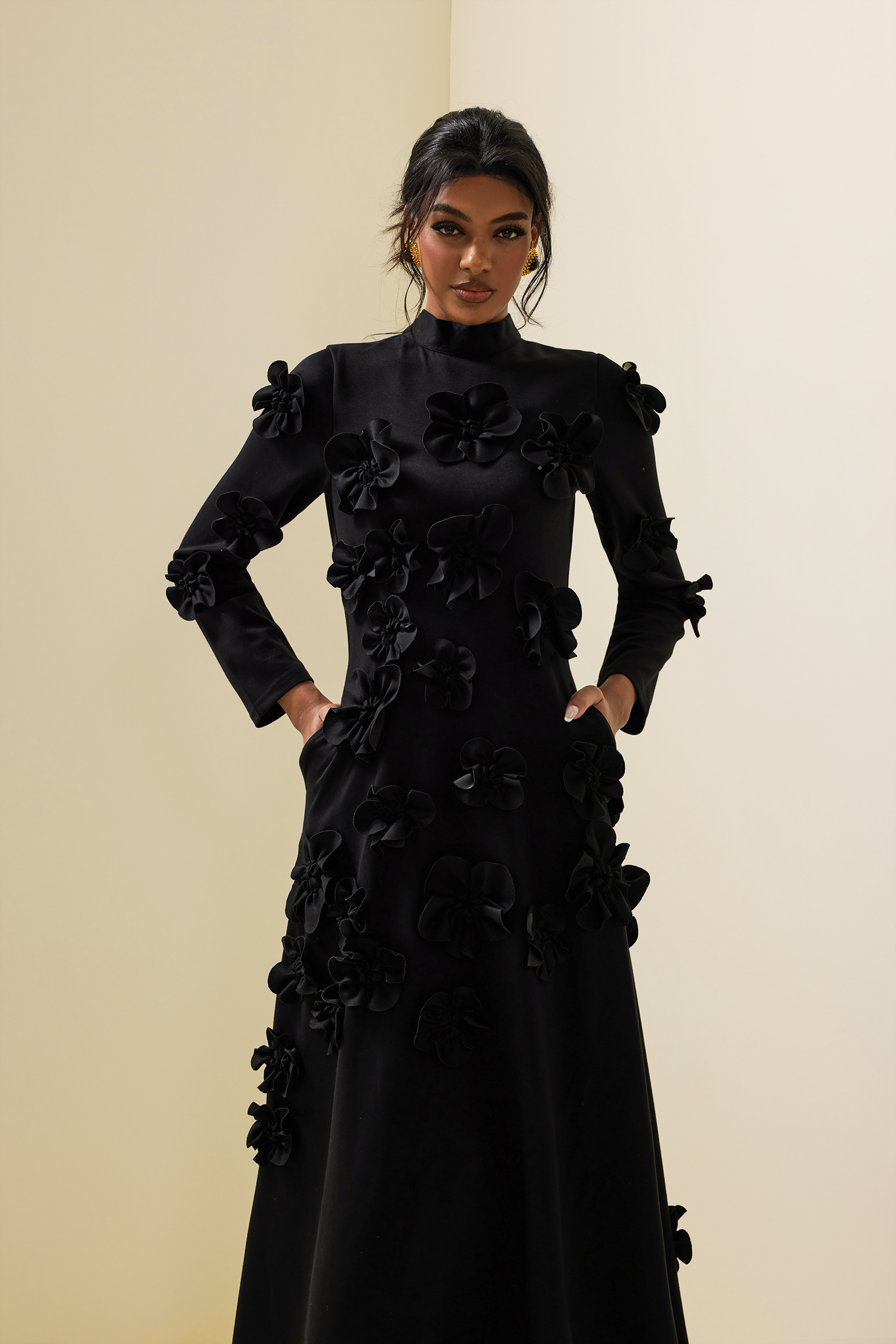3D Flower Stand Collar Long Sleeve Midi Dress 3D Flower Stand Collar Long Sleeve Midi Dress
