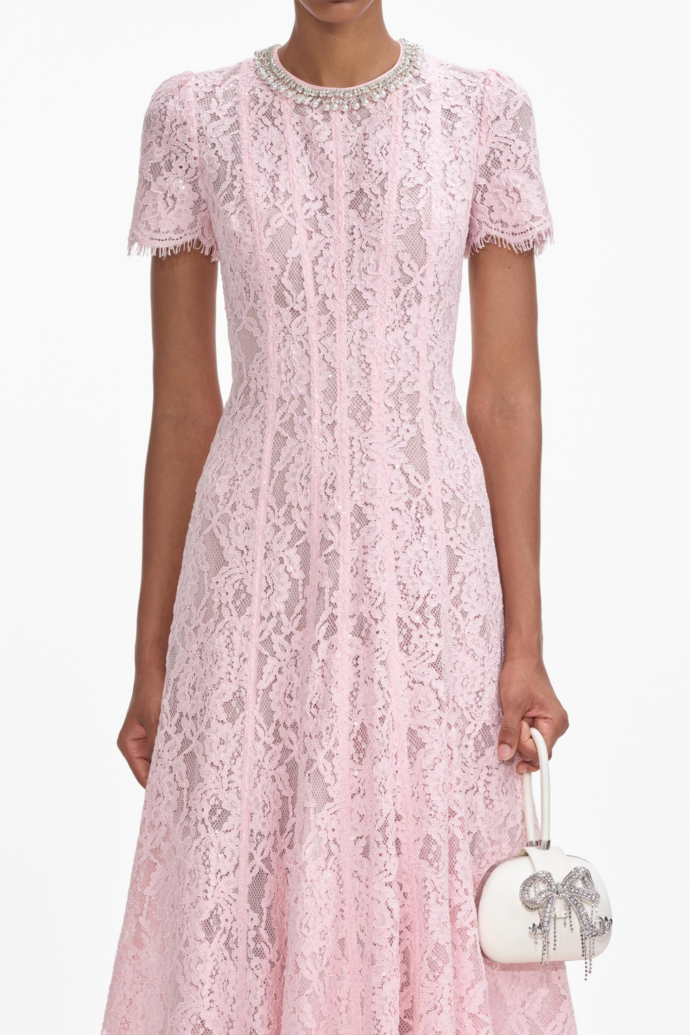 Rhinestone Faux Pearl Lace Midi Dress Rhinestone Faux Pearl Lace Midi Dress