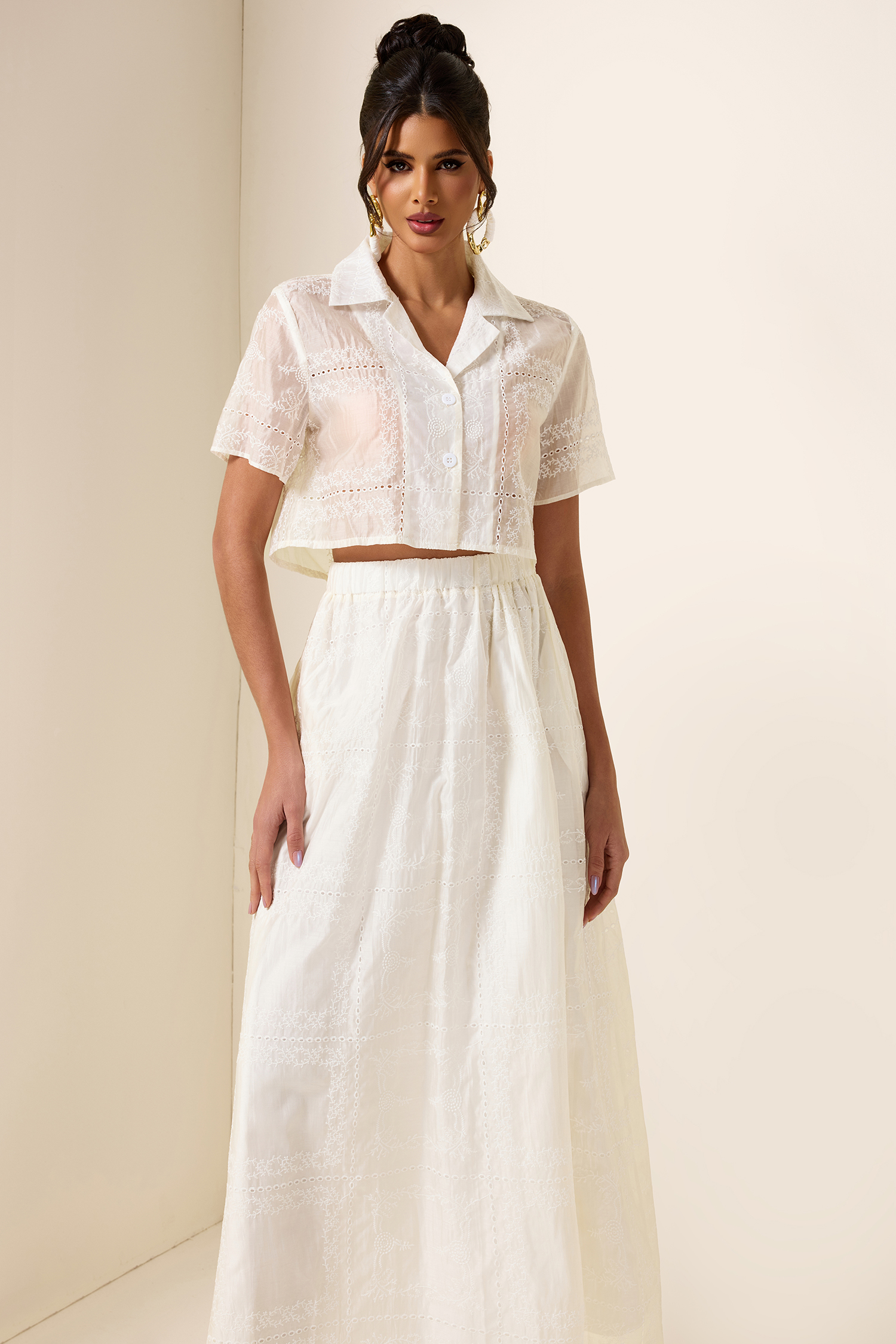 Solid Embroidred Top & Mid Waist Embroidered Skirt Set Solid Embroidred Top & Mid Waist Embroidered Skirt Set