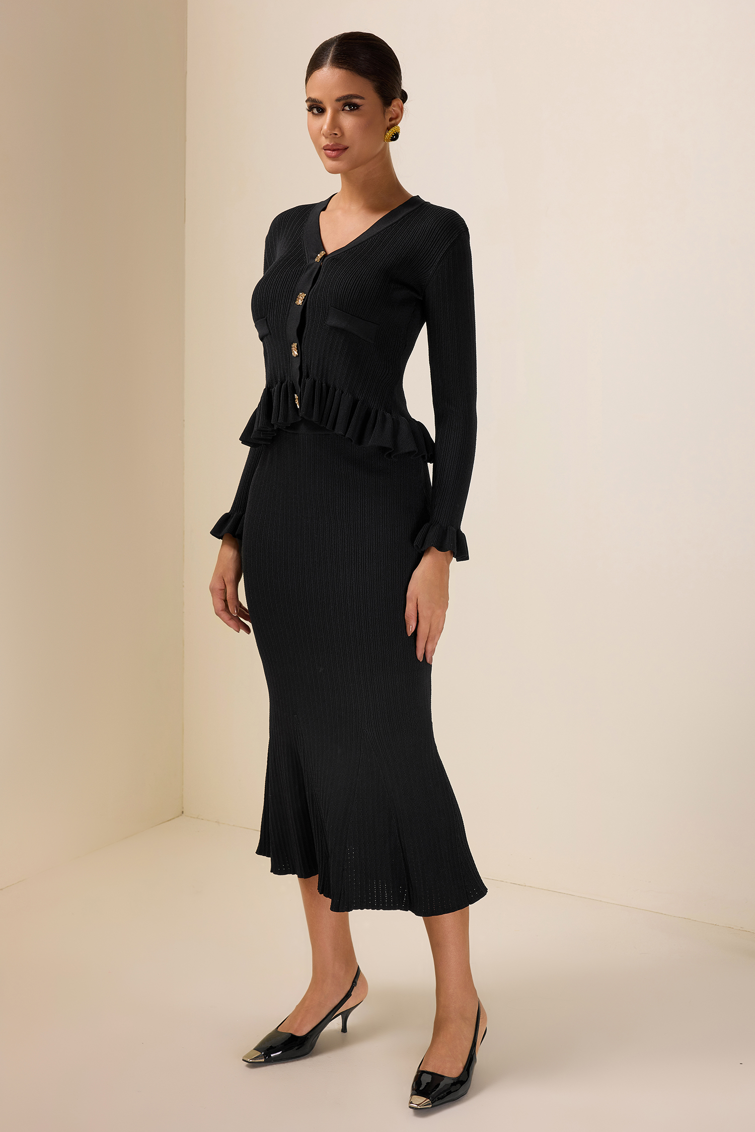 Solid Metal Button Top & High Waist Knit Midi Skirt Set Solid Metal Button Top & High Waist Knit Midi Skirt Set