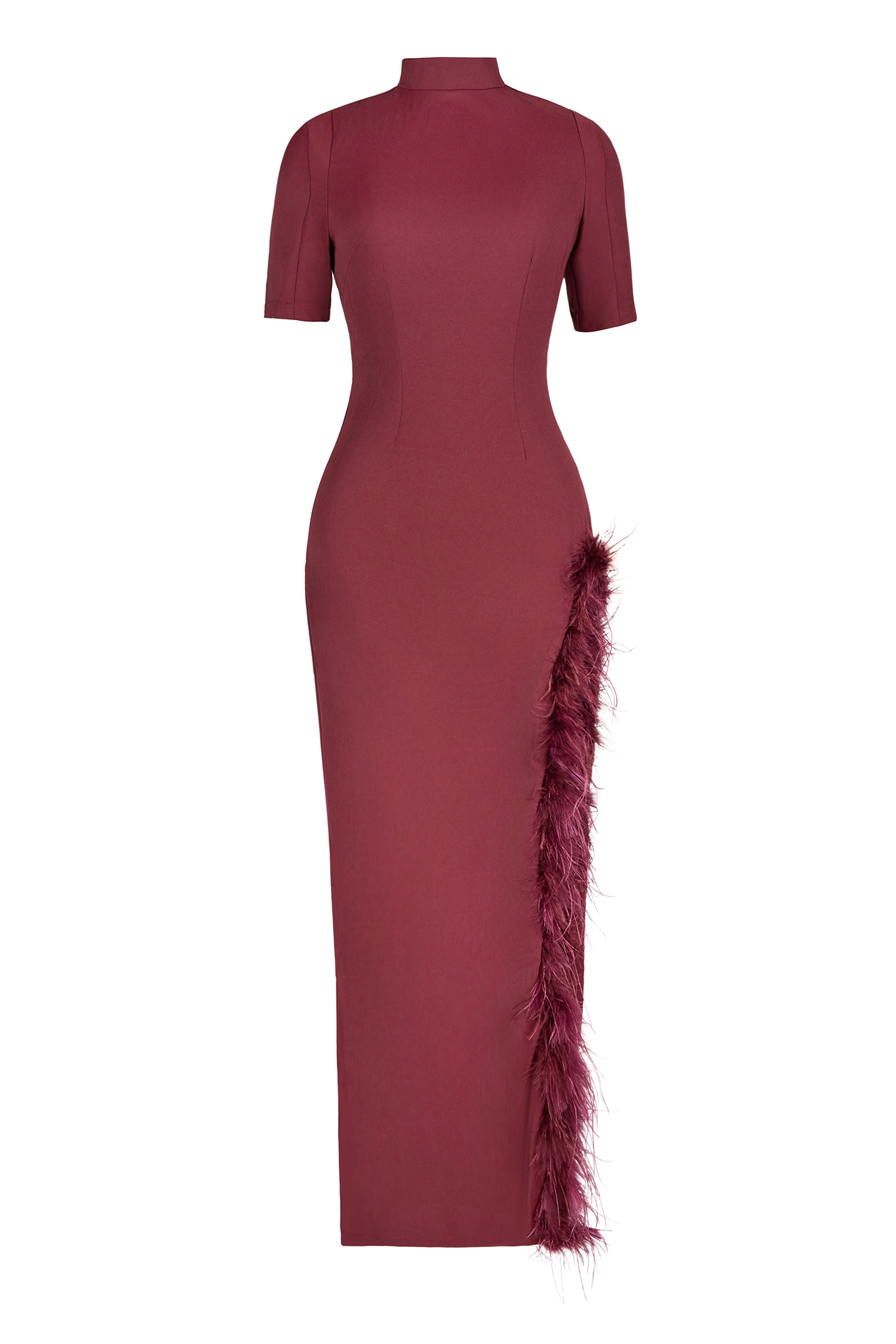 Feather Stand Collar Slit Midi Dress Feather Stand Collar Slit Midi Dress