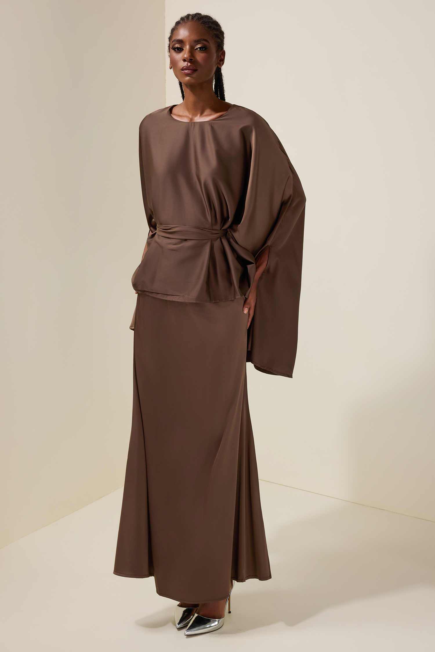 Satin Batwing Sleeve Top & Mid Waist Midi Skirt Set