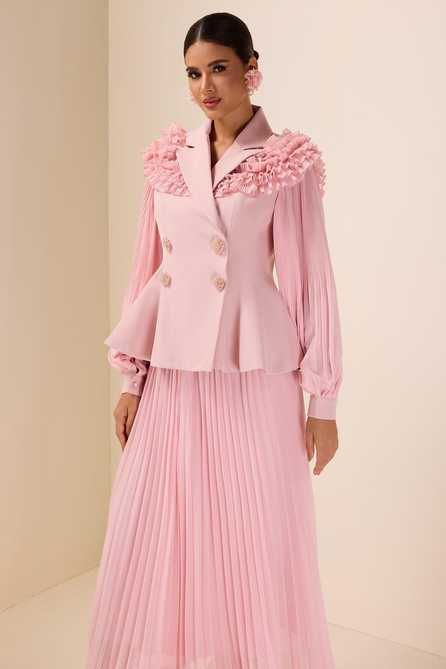 Frill Tailored Collar Pleated Top & Maxi Skirt Set