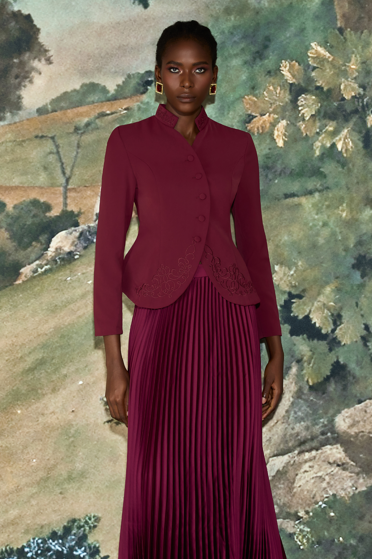 Embroidered Stand Collar Top & High Waist Pleated Maxi Skirt Set