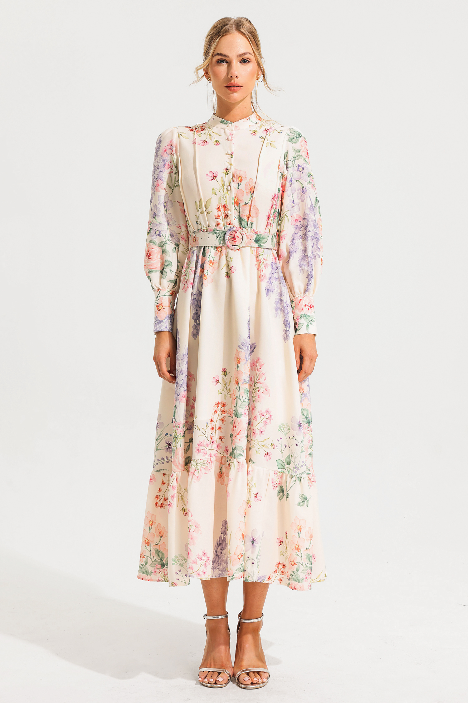 Floral Long Sleeve Maxi Dress With Belt Floral Long Sleeve Maxi Dress With Belt