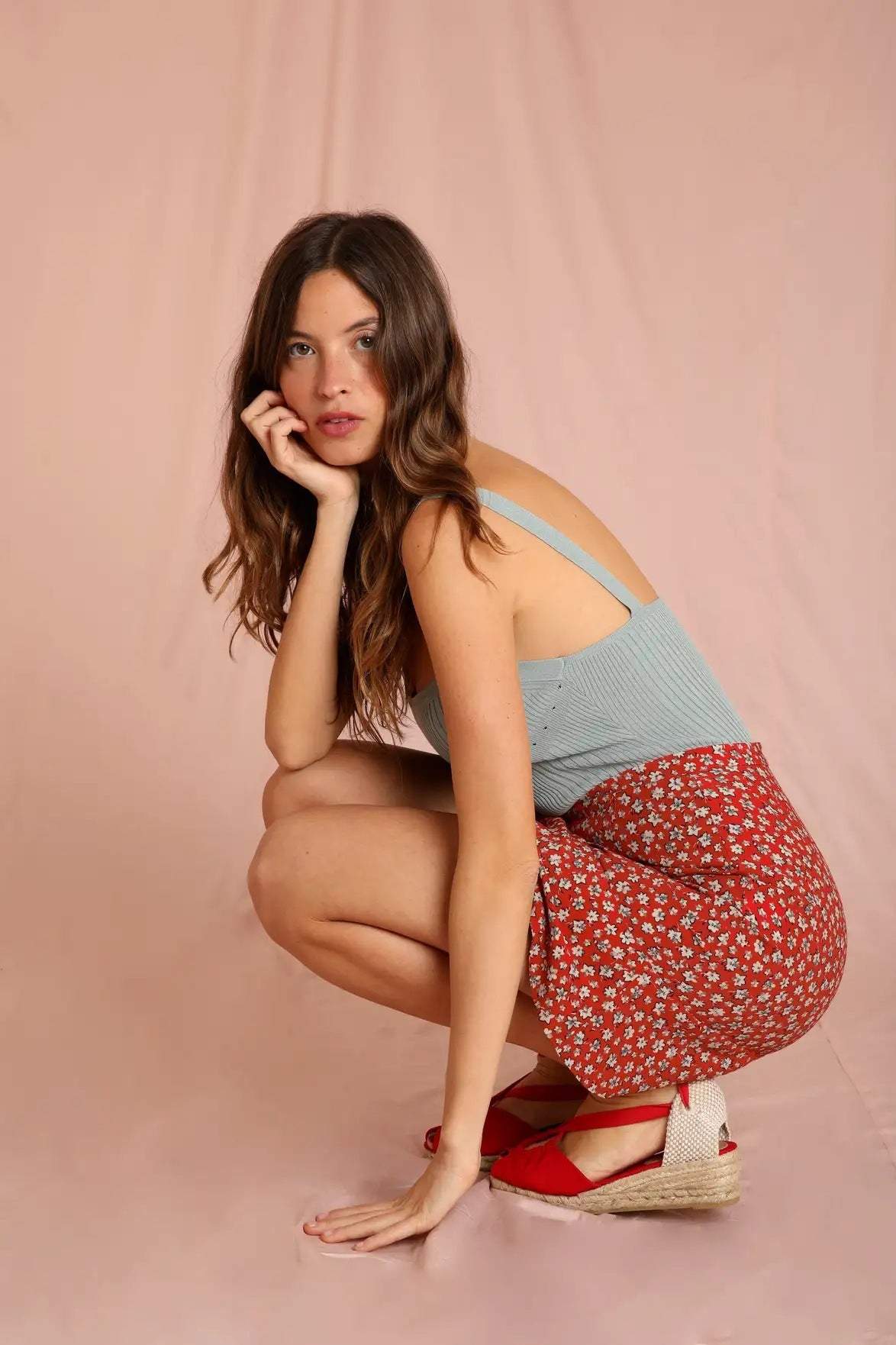 Floral Buttoned Ruffle Mini Skirt Red Floral Buttoned Ruffle Mini Skirt Red