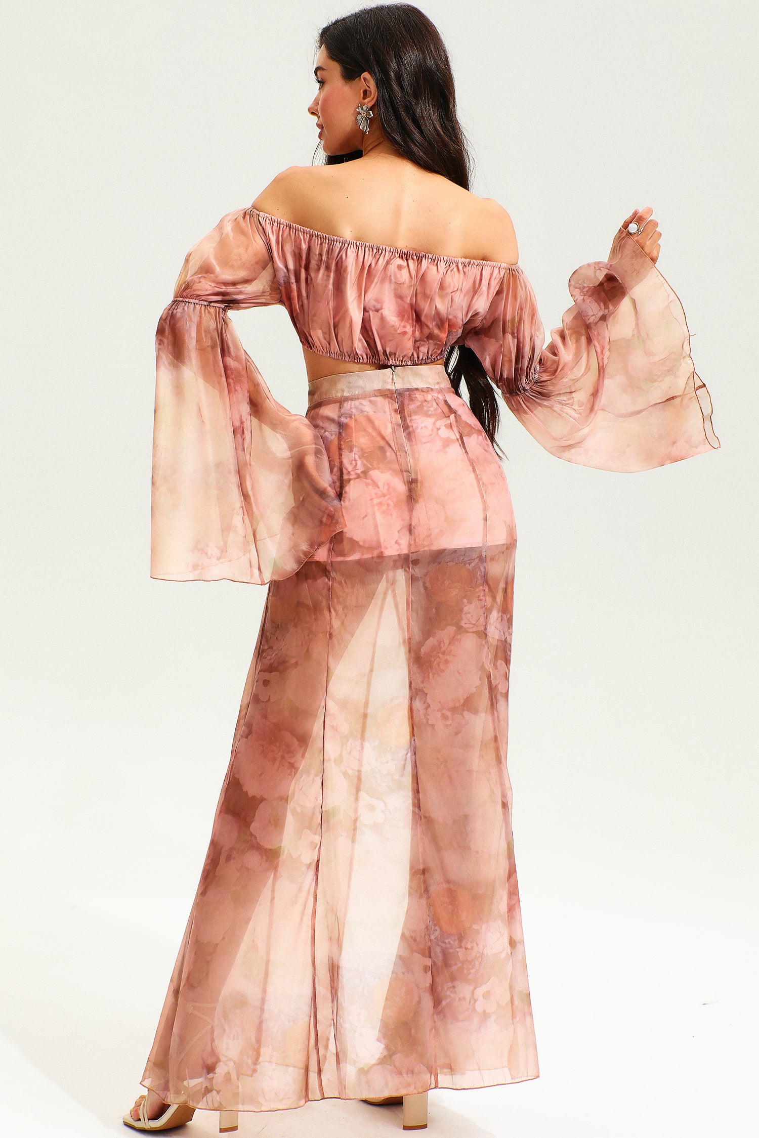 Floral Flared Sleeve Ruched Top & Slit Maxi Skirt Set