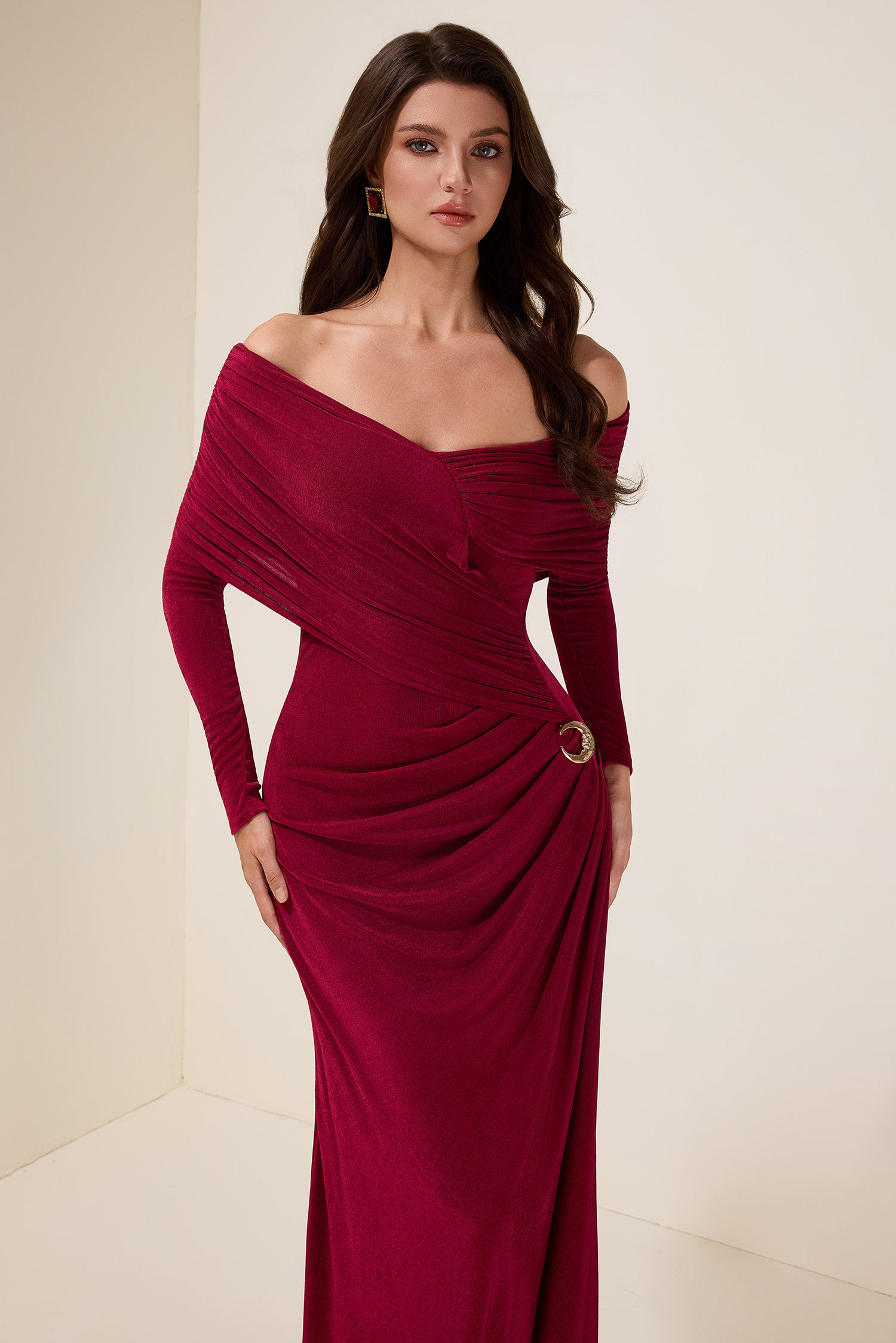 Solid Gathering Long Sleeve Maxi Dress Solid Gathering Long Sleeve Maxi Dress