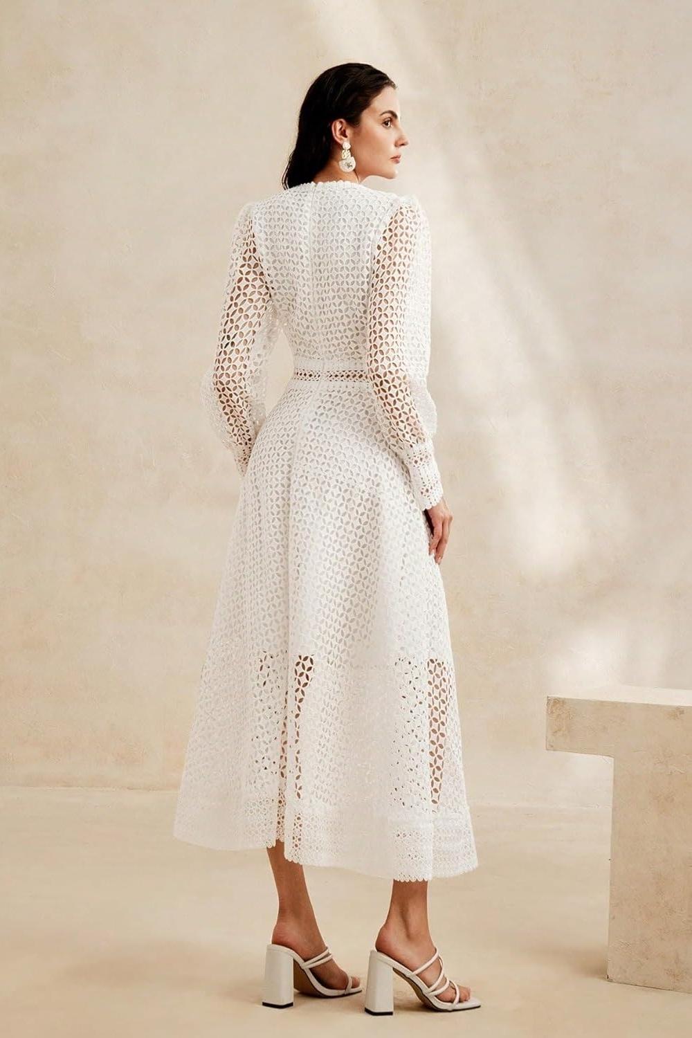 Solid Lace Lantern Sleeve Midi Dress Solid Lace Lantern Sleeve Midi Dress