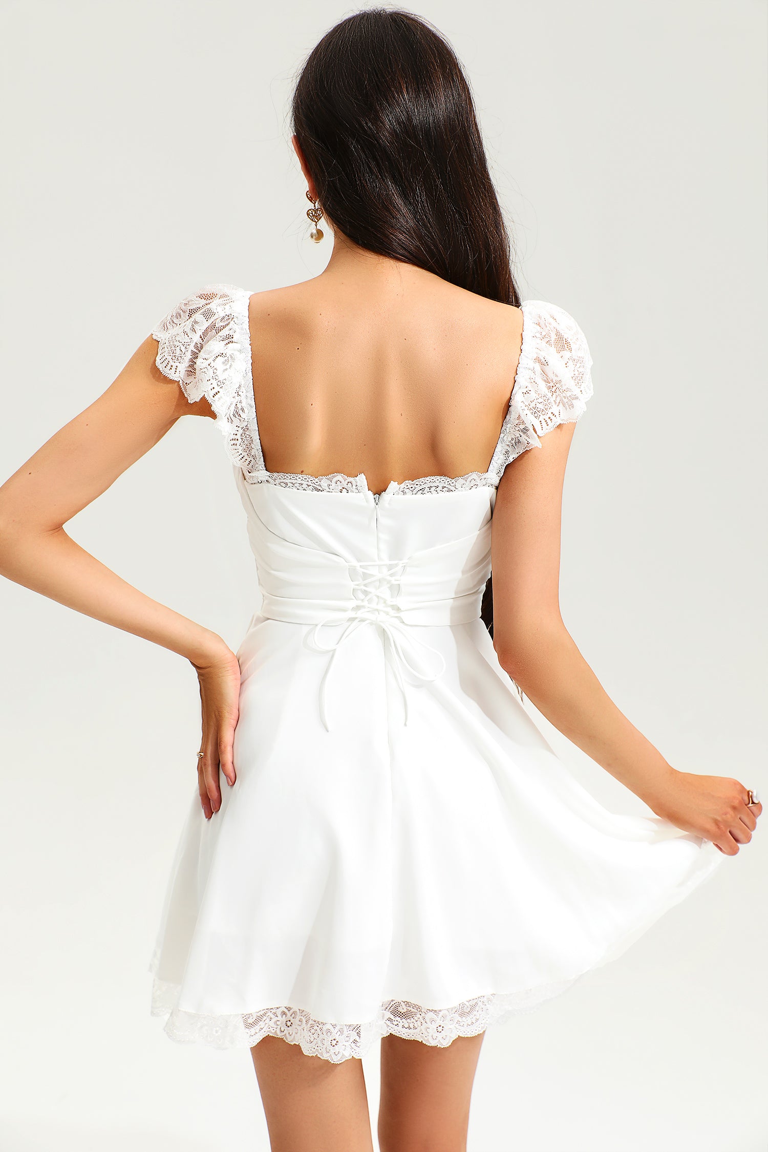 Lace Hem Square Collar Corset Pleated Mini Dress White Lace Hem Square Collar Corset Pleated Mini Dress White