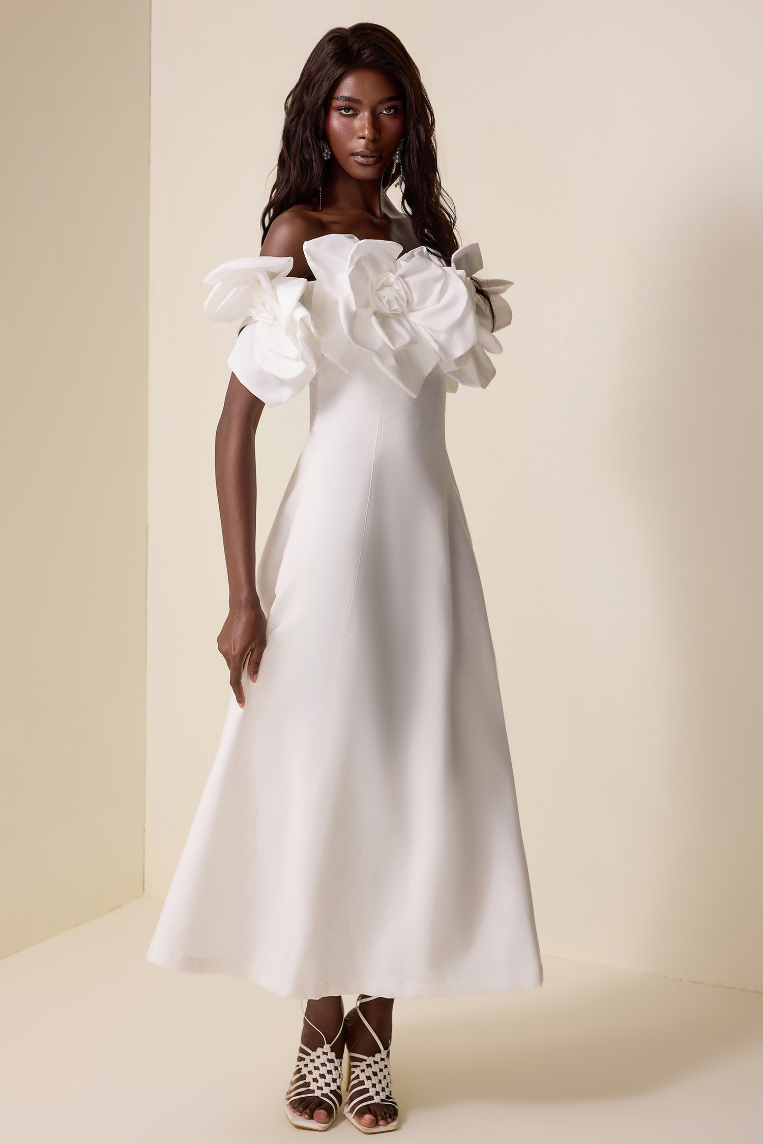 3D Flower Solid Off-Shoulder Midi Dress 3D Flower Solid Off-Shoulder Midi Dress