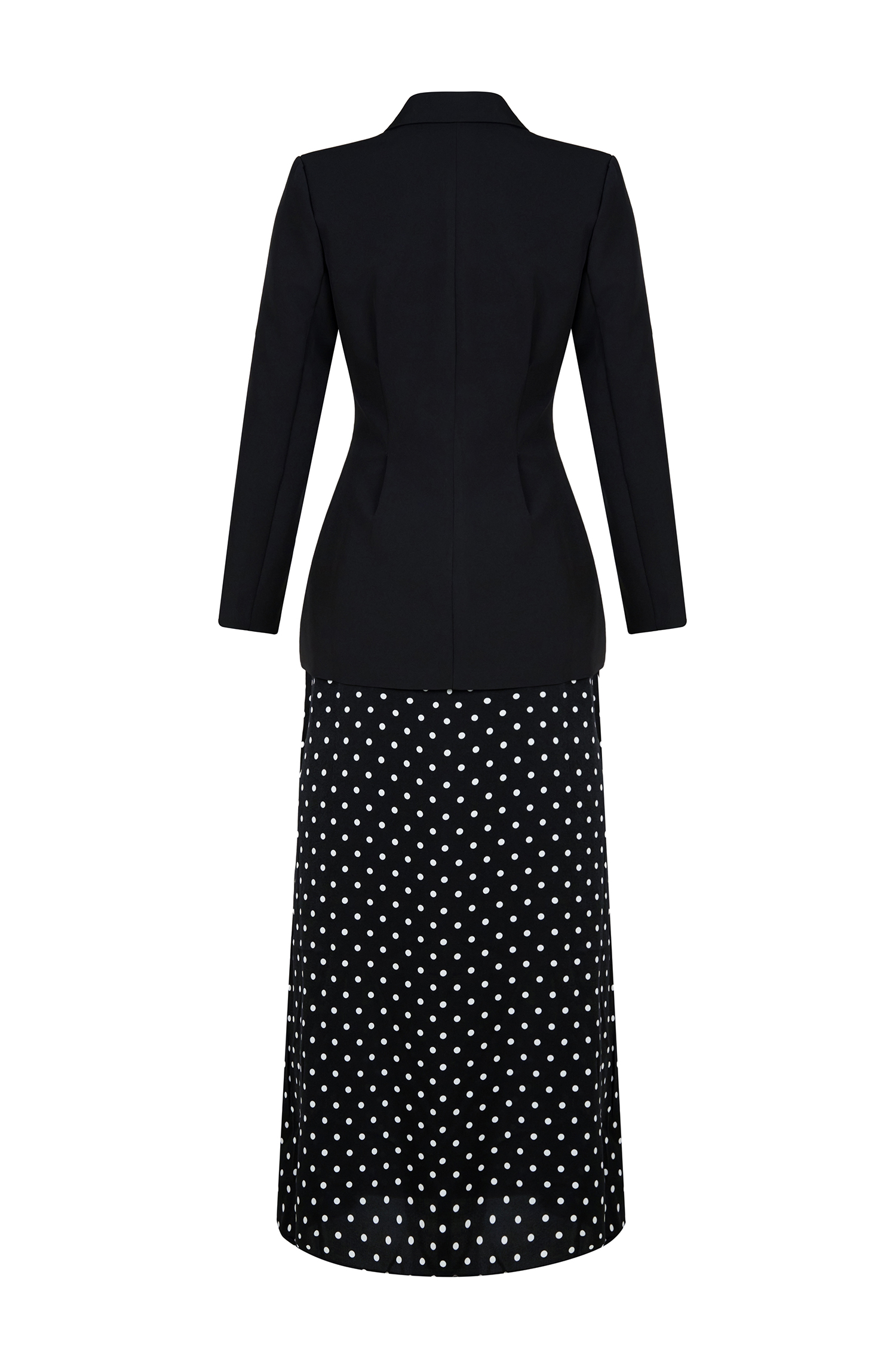 3D Flower Kerchief Blazer & Dots Midi Skirt Set