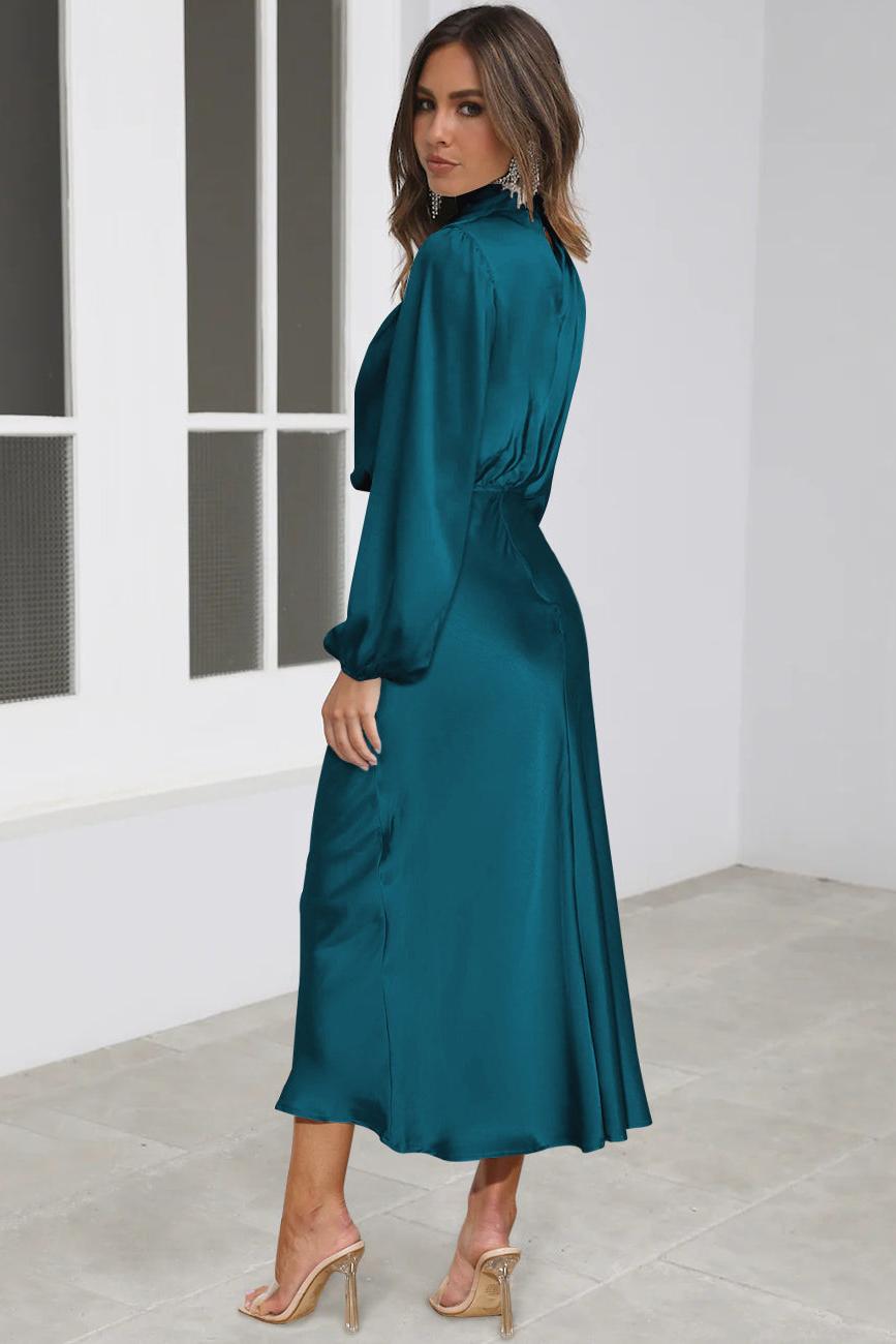 Satin High Neck Long Sleeve Midi Dress Satin High Neck Long Sleeve Midi Dress
