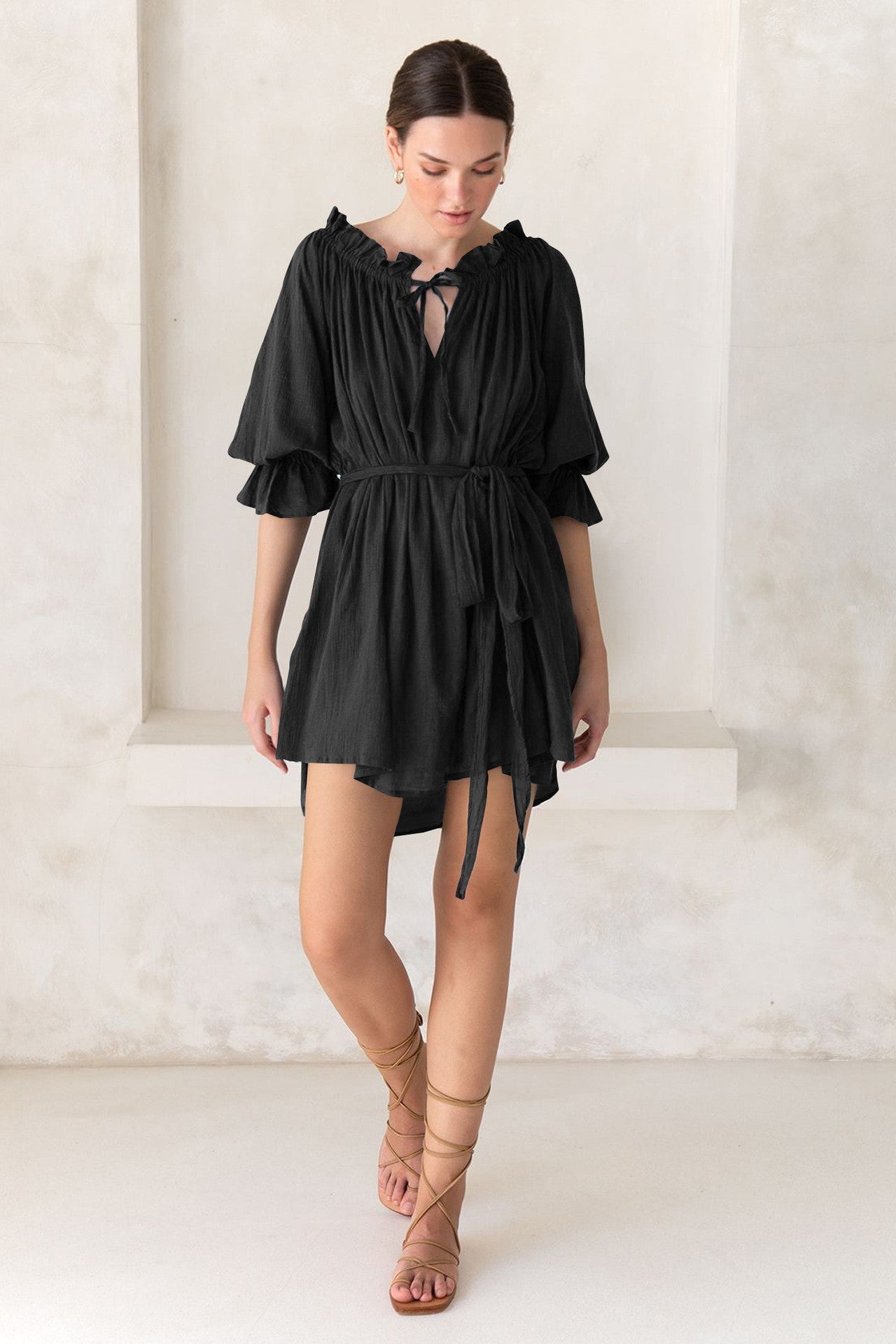 Off-Shoulder Lace Up Puff Sleeve Ruched Mini Dress Off-Shoulder Lace Up Puff Sleeve Ruched Mini Dress
