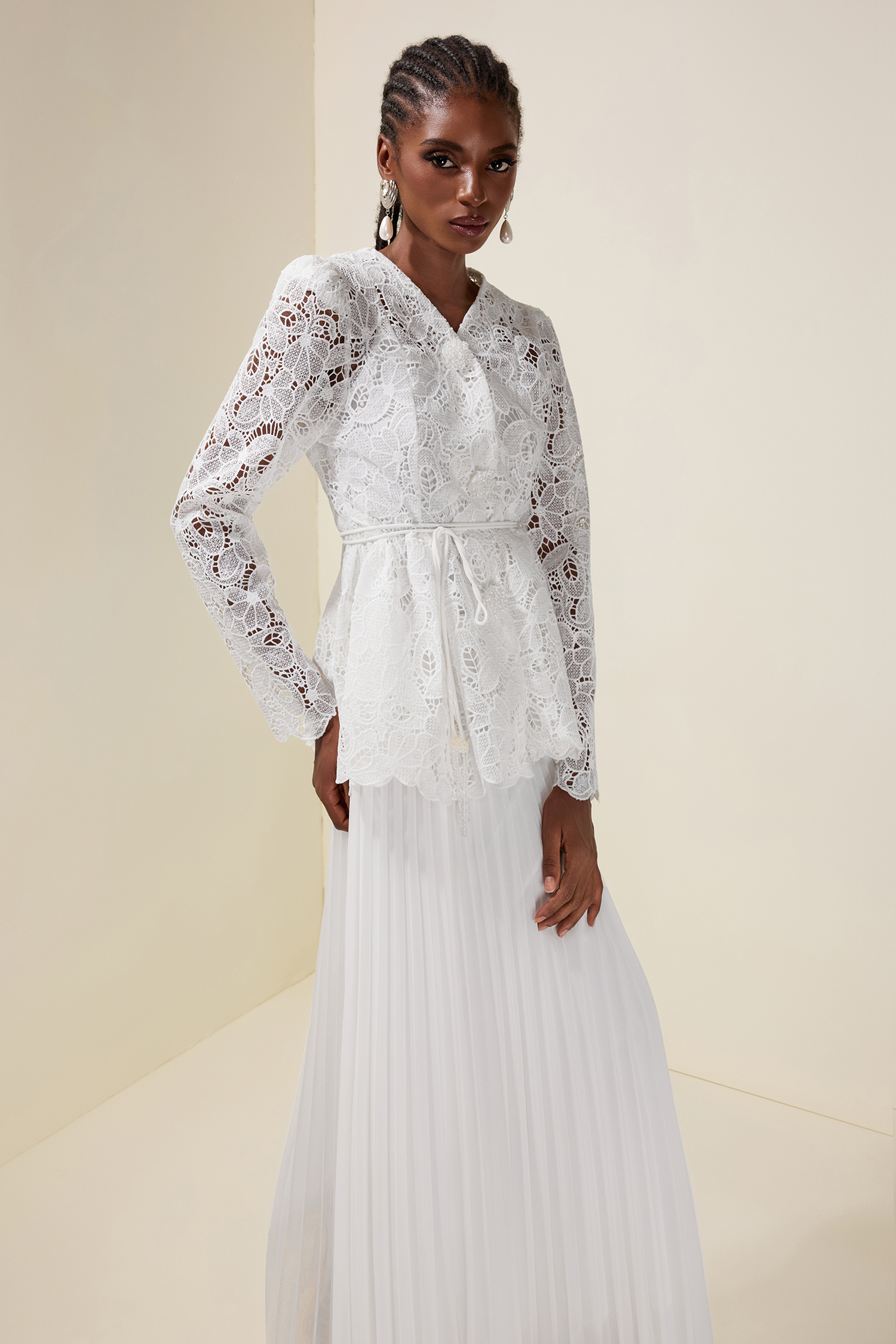 Lace Rhinestone Top With Belt & High Waist Pleated Maxi Skirt Set