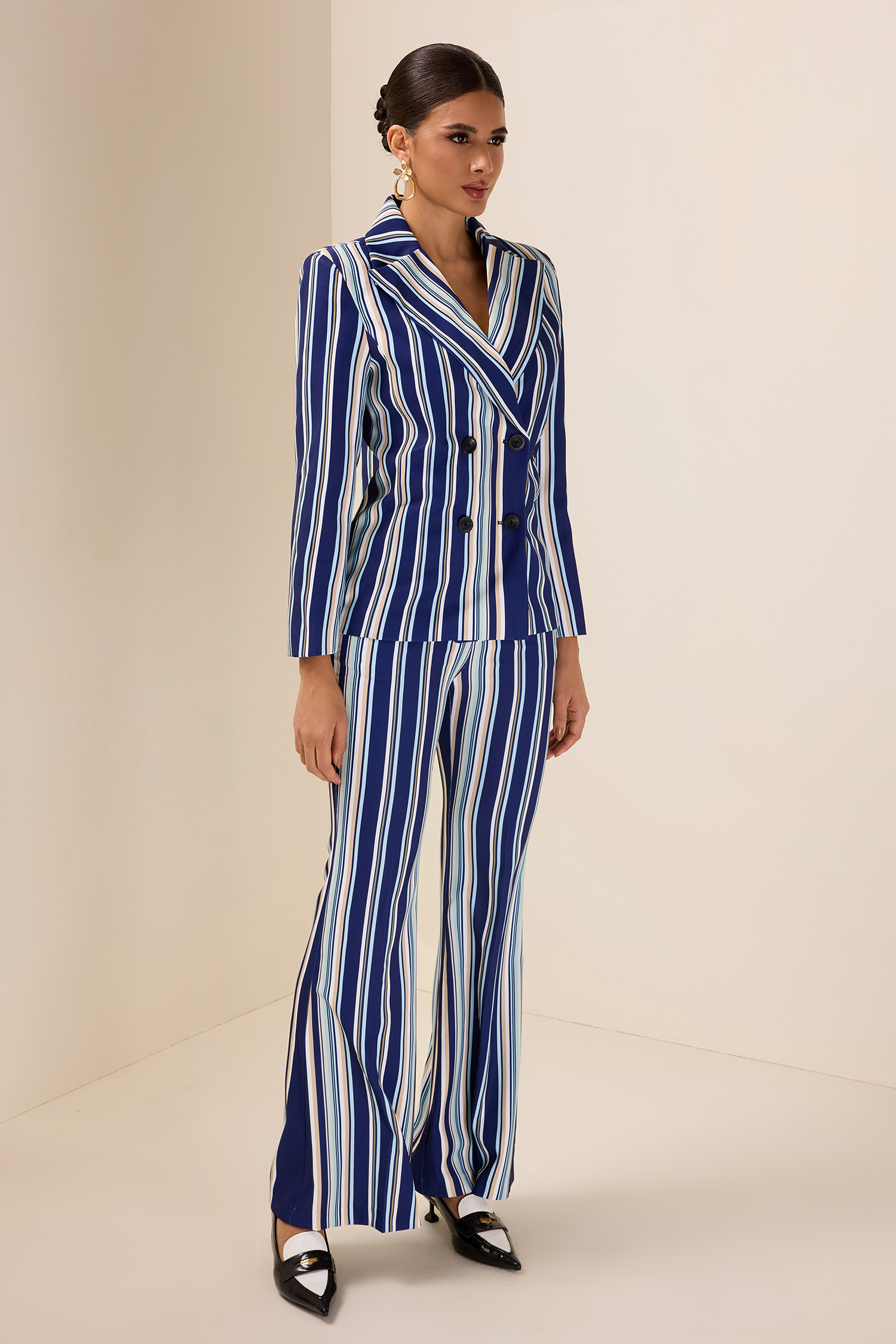 Stripe Button Blazer & High Waist Pocket Pants Set