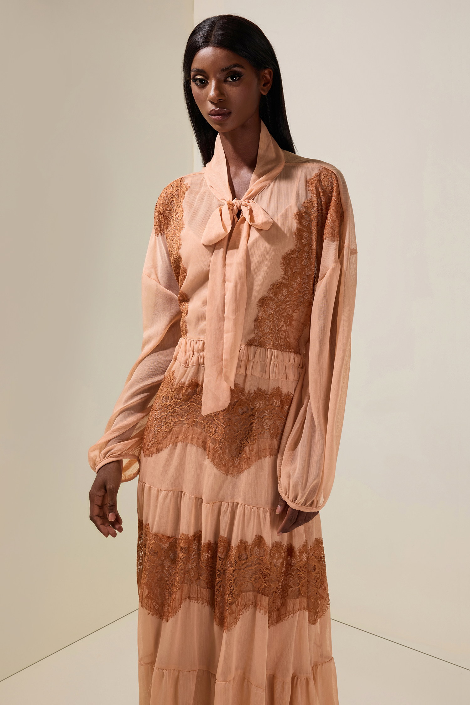 Chiffon Splicing Lace Tie-Up Long Sleeve Midi Dress Chiffon Splicing Lace Tie-Up Long Sleeve Midi Dress