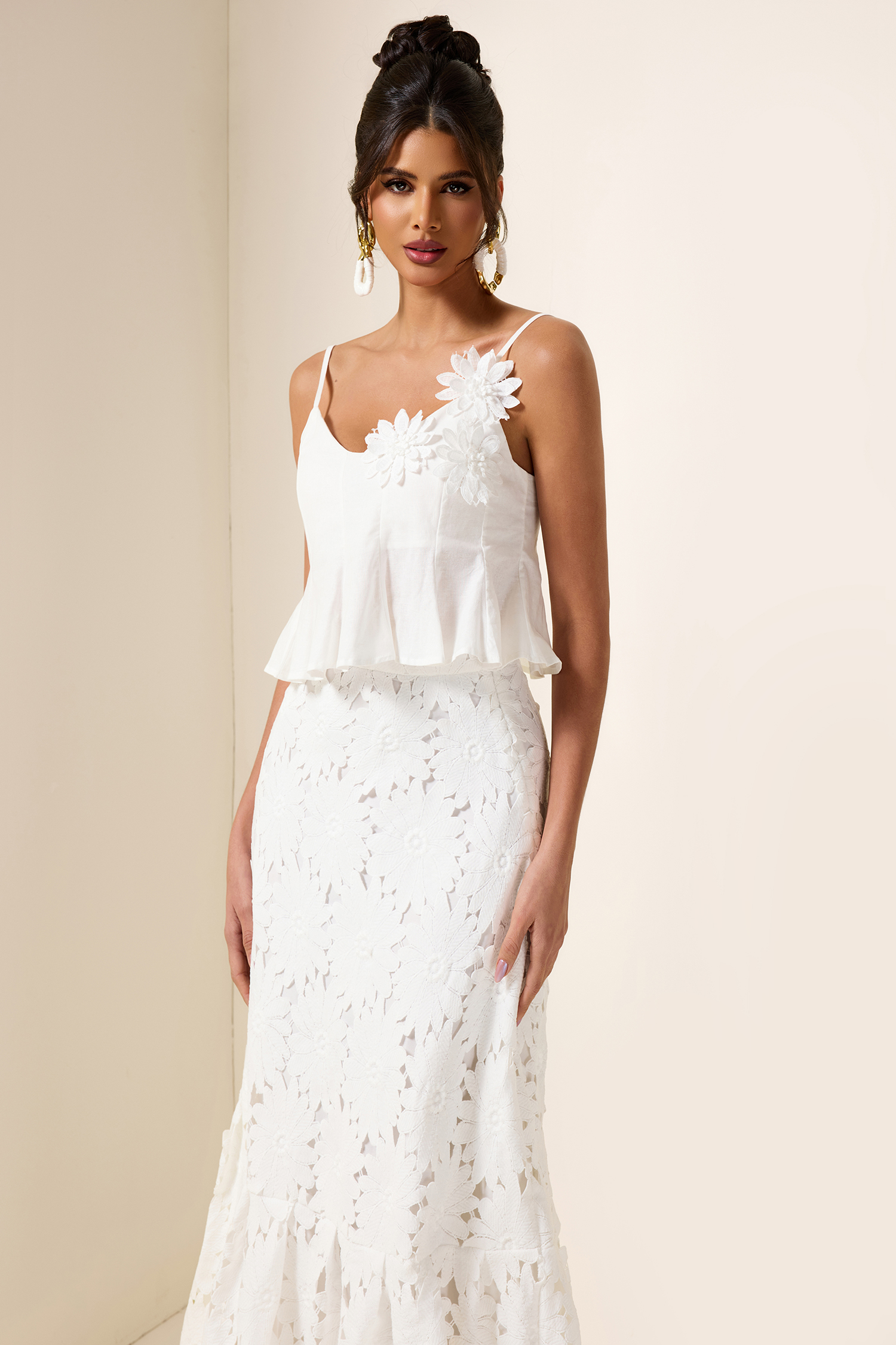 3D Floral Top & High Waist Embroidered Skirt Set 3D Floral Top & High Waist Embroidered Skirt Set