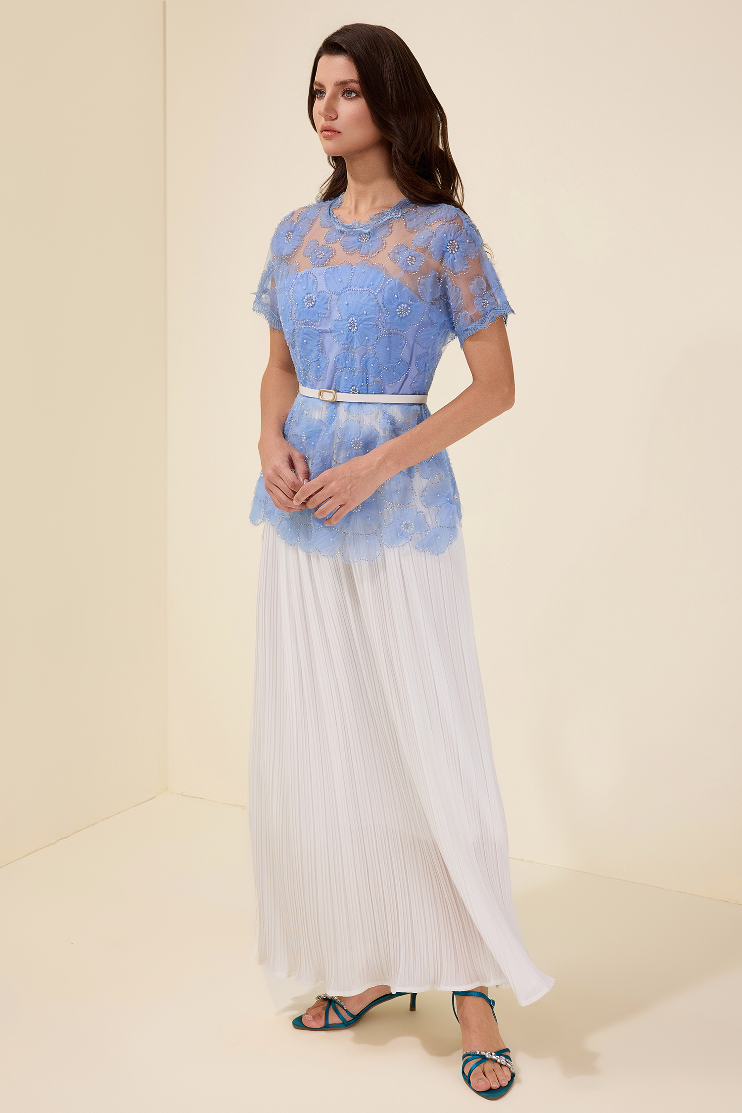 Lace Splicing Pleated Midi Dress With Belt Lace Splicing Pleated Midi Dress With Belt